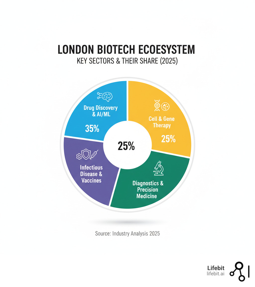 London biotech ecosystem infographic showing key sectors: Drug Discovery and AI/ML (35%), Cell and Gene Therapy (25%), Diagnostics and Precision Medicine (20%), Infectious Disease and Vaccines (10%), Other Innovation Areas (10%) - biotech companies in London infographic 