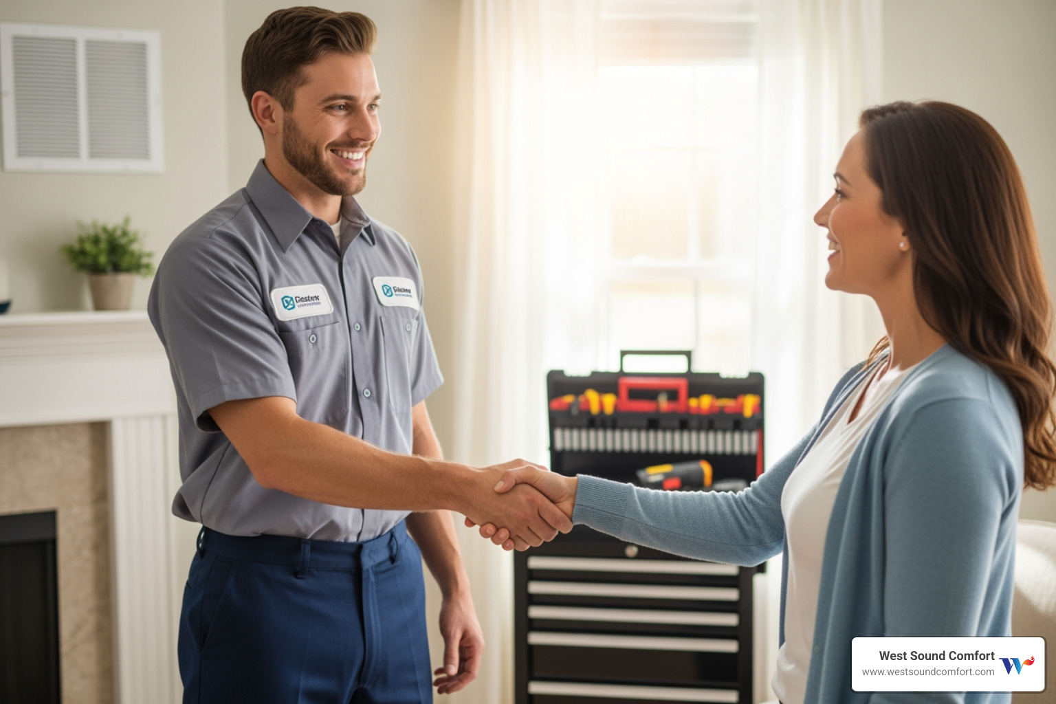 friendly technician shaking homeowner's hand - affordable hvac repair in manchester, wa