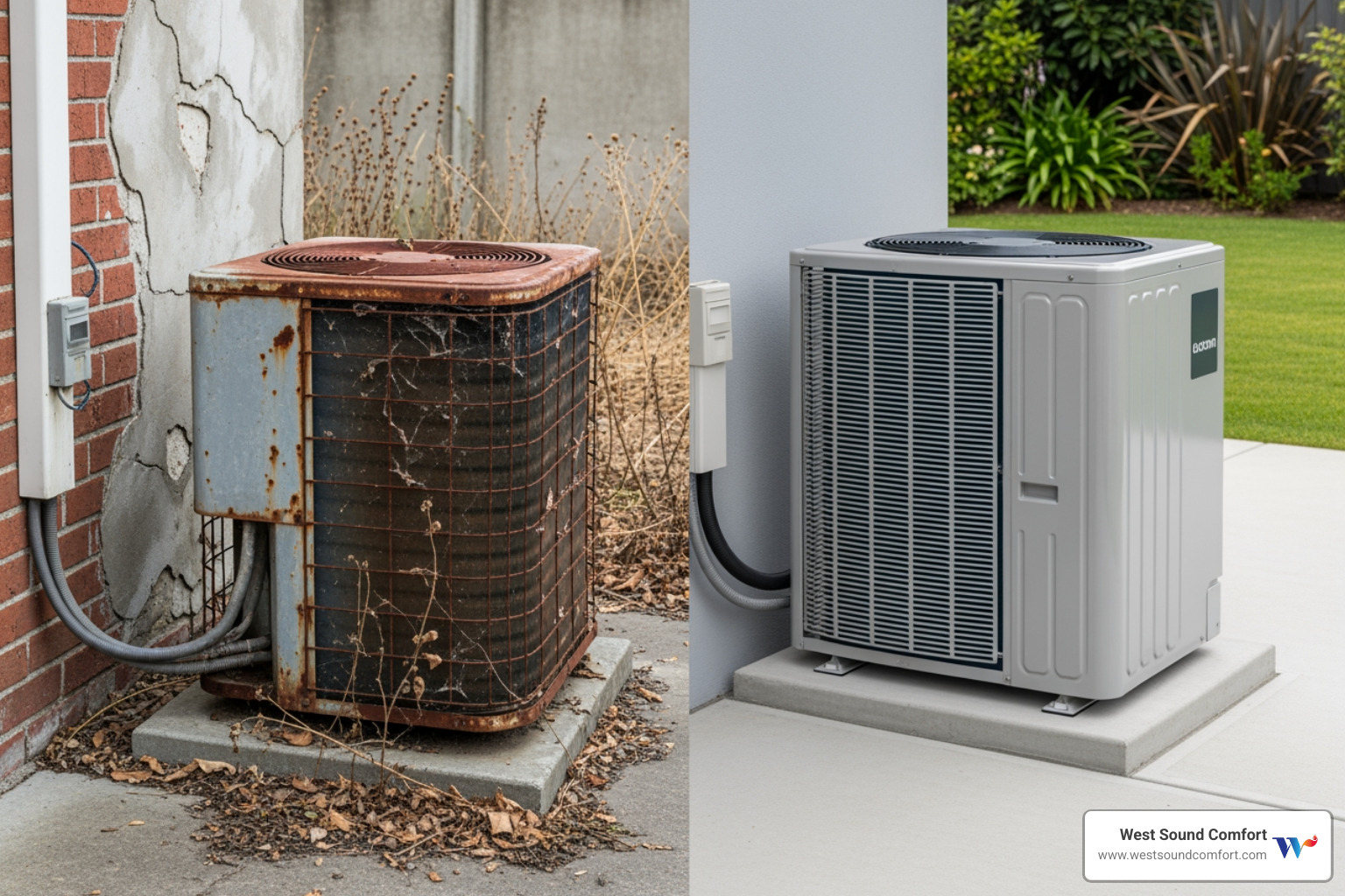 split image showing old rusty AC unit and new efficient one - affordable hvac repair in manchester, wa