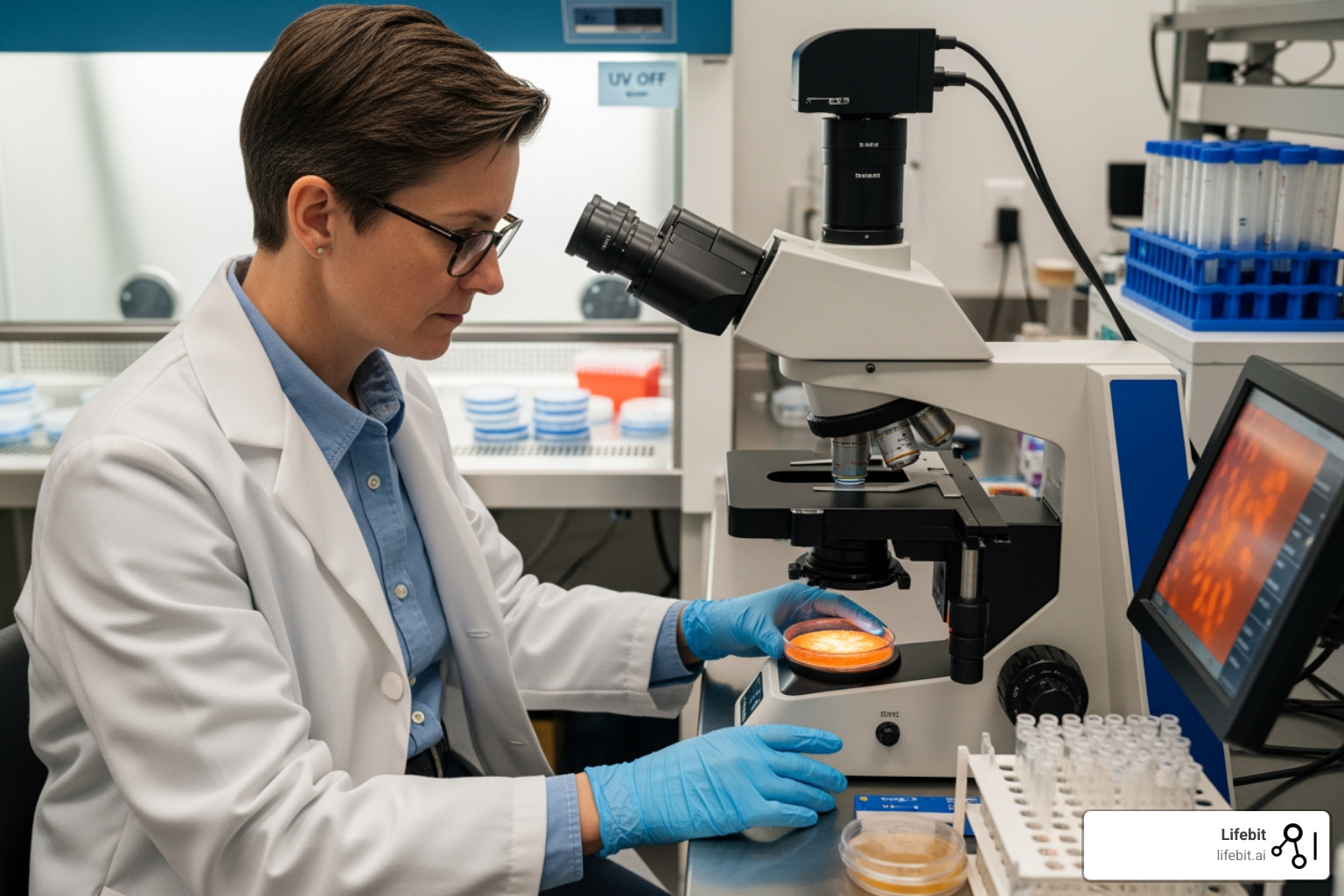 A scientist in a lab coat carefully examining cell cultures under controlled conditions - biotech companies in London
