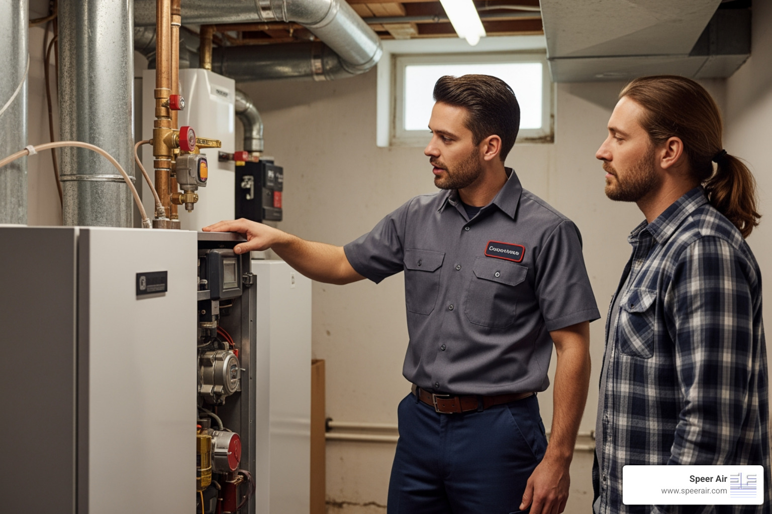 friendly technician explaining a repair to a homeowner - Find emergency boiler repair services available in northern NJ friendly technician explaining a repair to a homeowner - Find emergency boiler repair services available in northern NJ