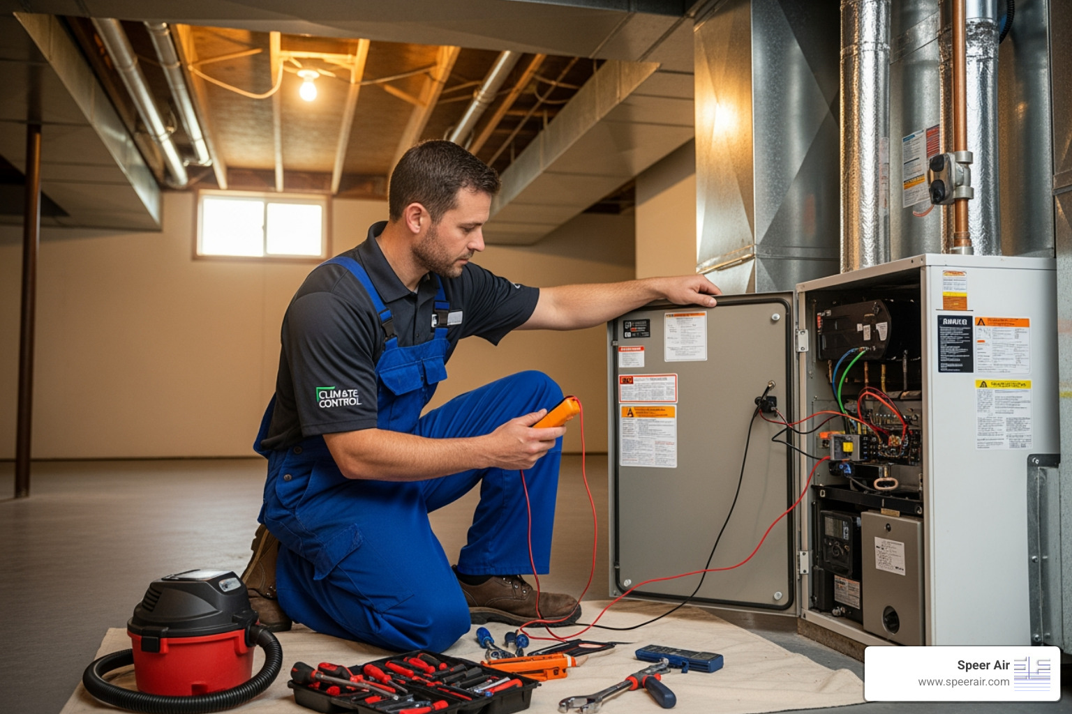 technician performing a tune-up - My heater broke in the middle of the night. Who offers 24/7 HVAC service in Denville, NJ?