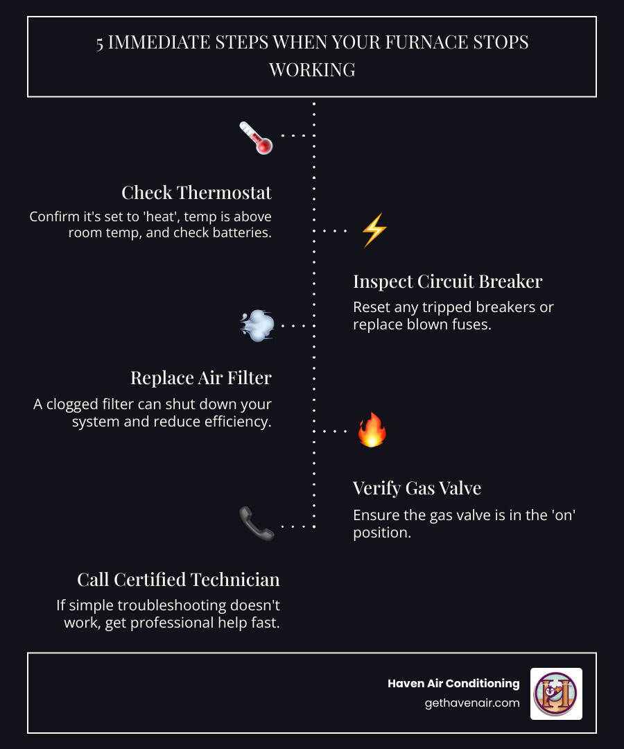 Infographic showing 5 immediate steps when furnace stops working: 1. Check thermostat settings and batteries, 2. Inspect circuit breaker and reset if tripped, 3. Replace dirty air filter, 4. Verify gas valve is open, 5. Call certified HVAC technician for diagnosis and repair - My furnace broke. Find a certified heating repair technician in La Habra." infographic infographic-line-5-steps-dark Infographic showing 5 immediate steps when furnace stops working: 1. Check thermostat settings and batteries, 2. Inspect circuit breaker and reset if tripped, 3. Replace dirty air filter, 4. Verify gas valve is open, 5. Call certified HVAC technician for diagnosis and repair - My furnace broke. Find a certified heating repair technician in La Habra." infographic infographic-line-5-steps-dark