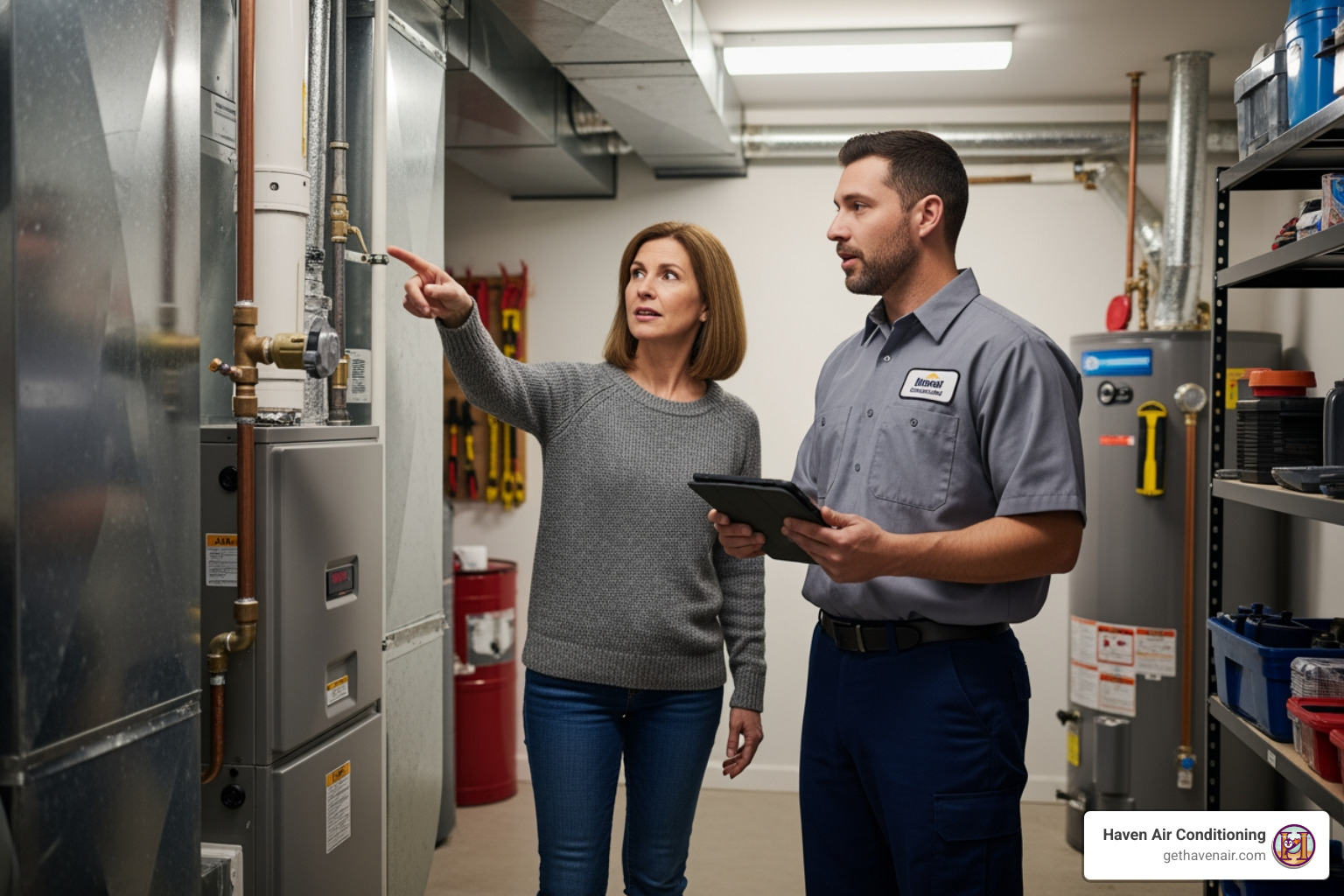 Homeowner talking to a technician and pointing at the furnace unit - My furnace broke. Find a certified heating repair technician in La Habra." Homeowner talking to a technician and pointing at the furnace unit - My furnace broke. Find a certified heating repair technician in La Habra."