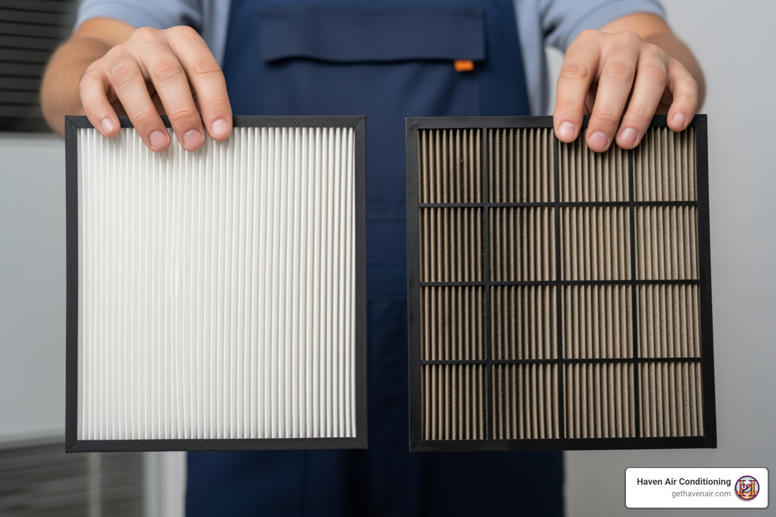 HVAC technician holding a clean air filter next to a dirty, clogged filter - Find companies that offer annual HVAC maintenance plans in Orange County.