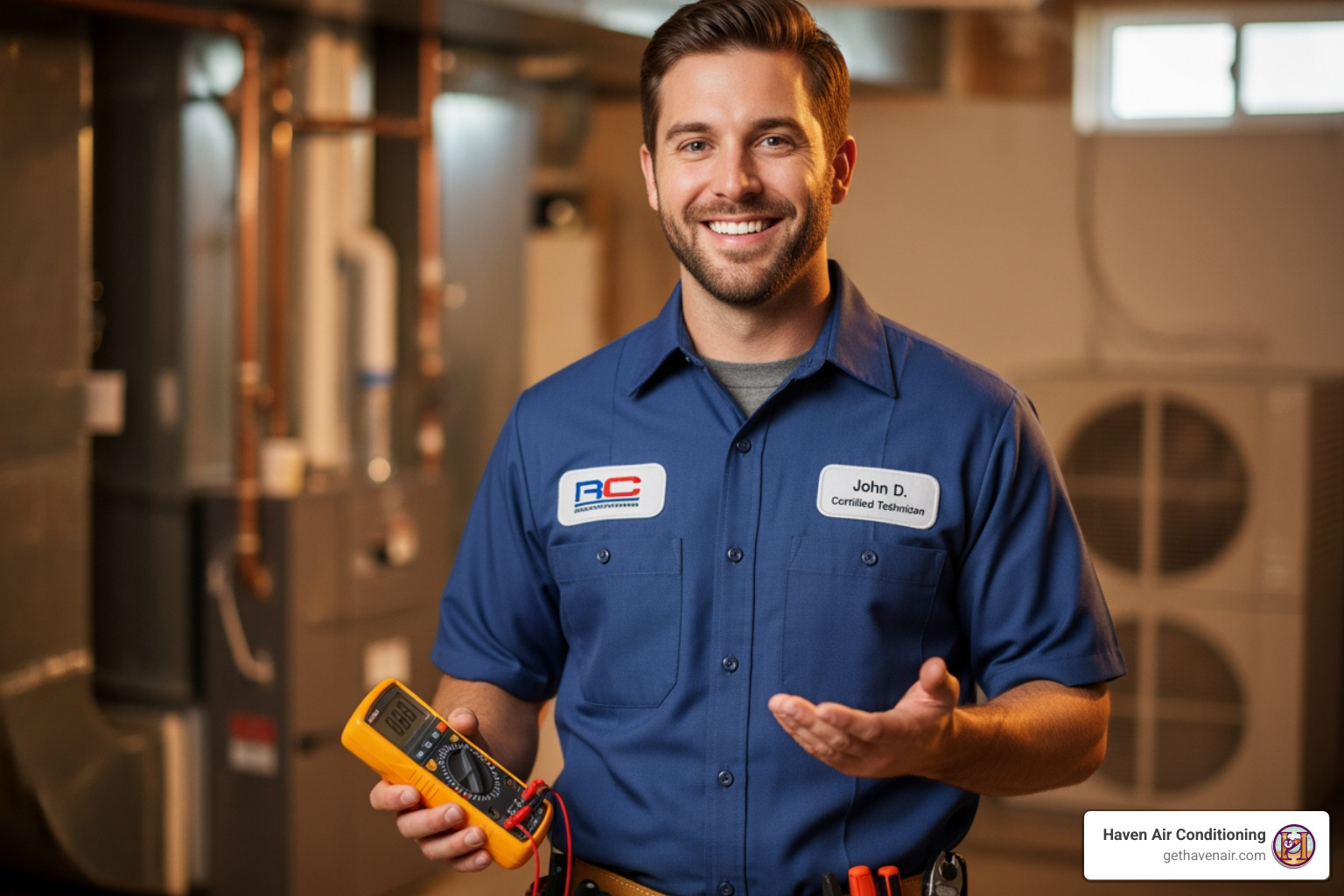 Certified HVAC technician wearing a uniform and badge, smiling - Find companies that offer annual HVAC maintenance plans in Orange County.