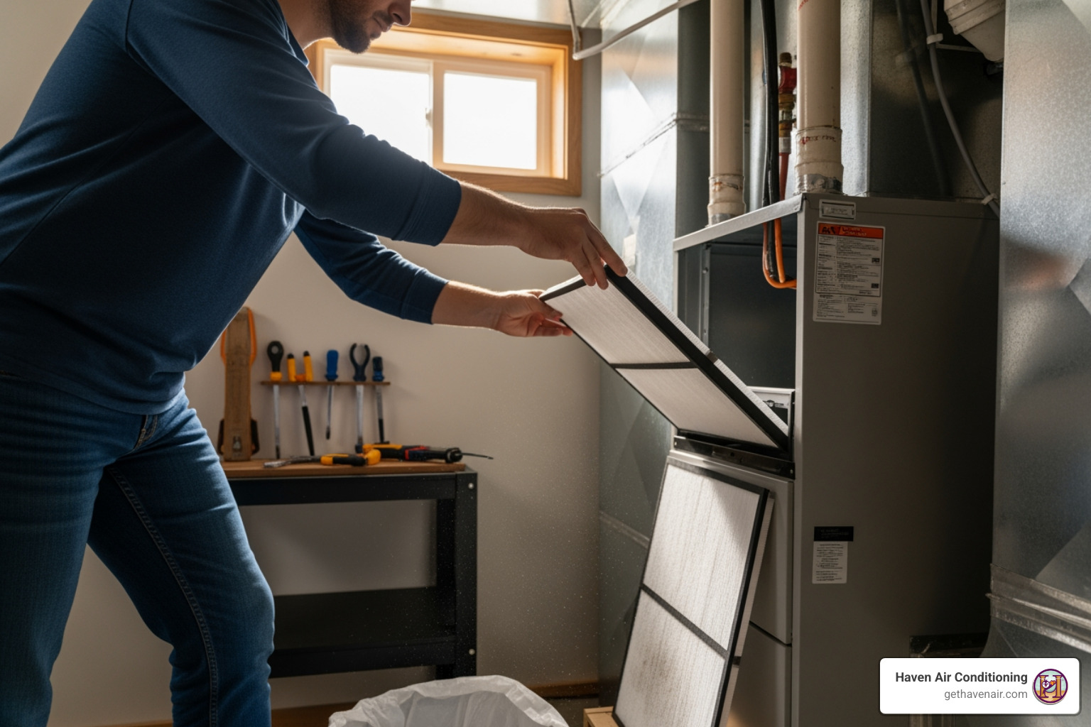 Homeowner easily changing an air filter in their HVAC system - Find companies that offer annual HVAC maintenance plans in Orange County.