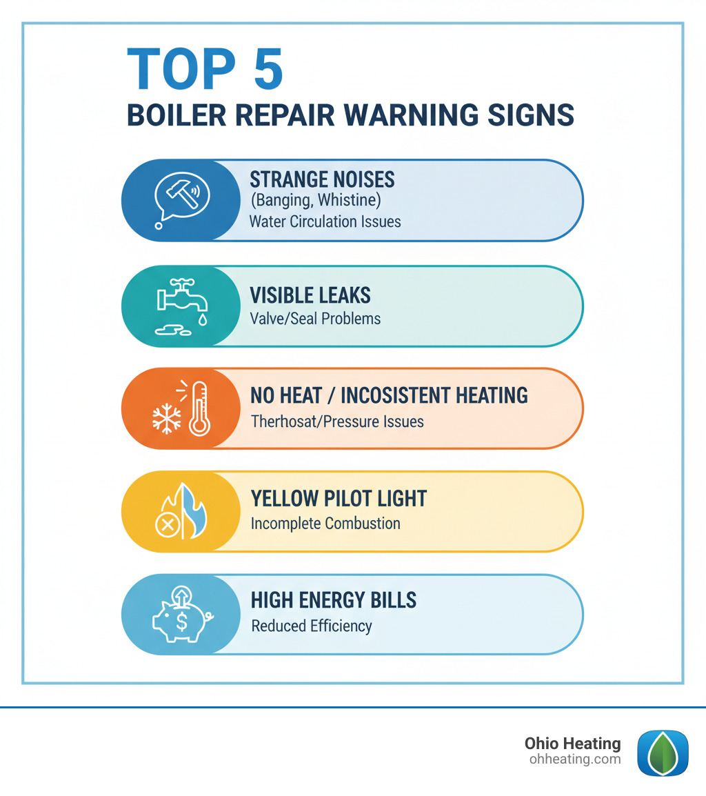 Infographic showing the top 5 warning signs your boiler needs repair: 1) Strange noises like banging or whistling indicating water circulation issues, 2) Visible water leaks around the unit suggesting valve or seal problems, 3) No heat or inconsistent heating pointing to thermostat or pressure issues, 4) Yellow pilot light instead of blue signaling incomplete combustion, 5) Unexpectedly high energy bills indicating reduced efficiency - Boiler repair Columbus Ohio infographic 
