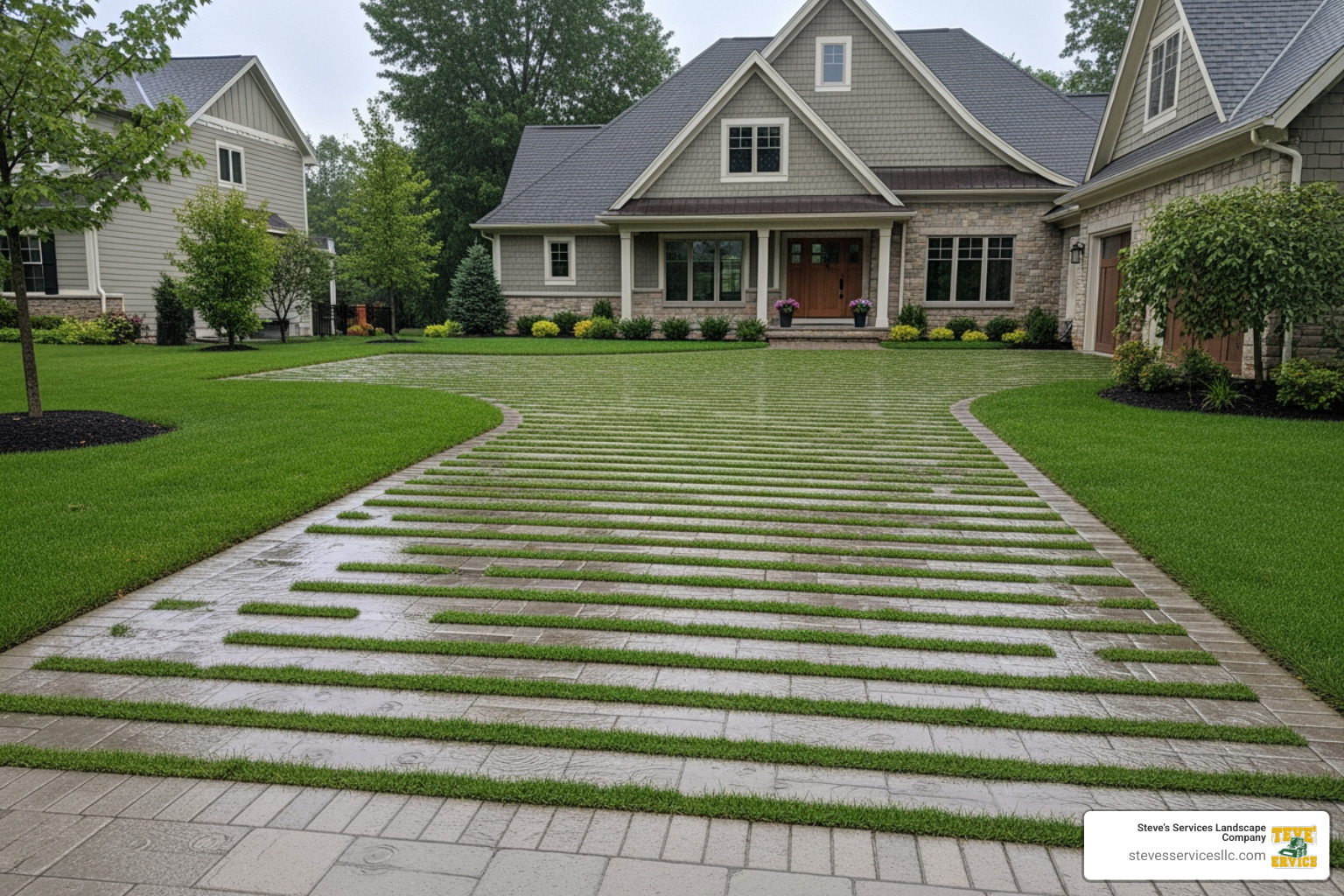 permeable paver driveway allowing rainwater to seep into the ground, with grass growing in the paver joints - Concrete driveway pavers permeable paver driveway allowing rainwater to seep into the ground, with grass growing in the paver joints - Concrete driveway pavers