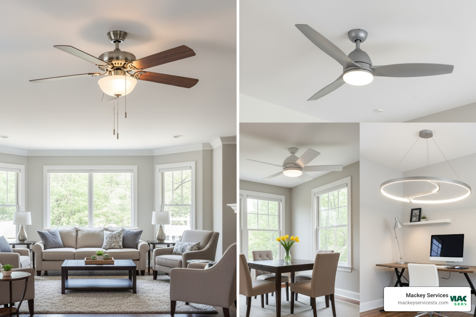 Image of different ceiling fan styles: standard, low-profile, and modern with integrated LED lights - I want to install a new ceiling fan ceiling fan in my living room. Who provides this service in Friendswood?"