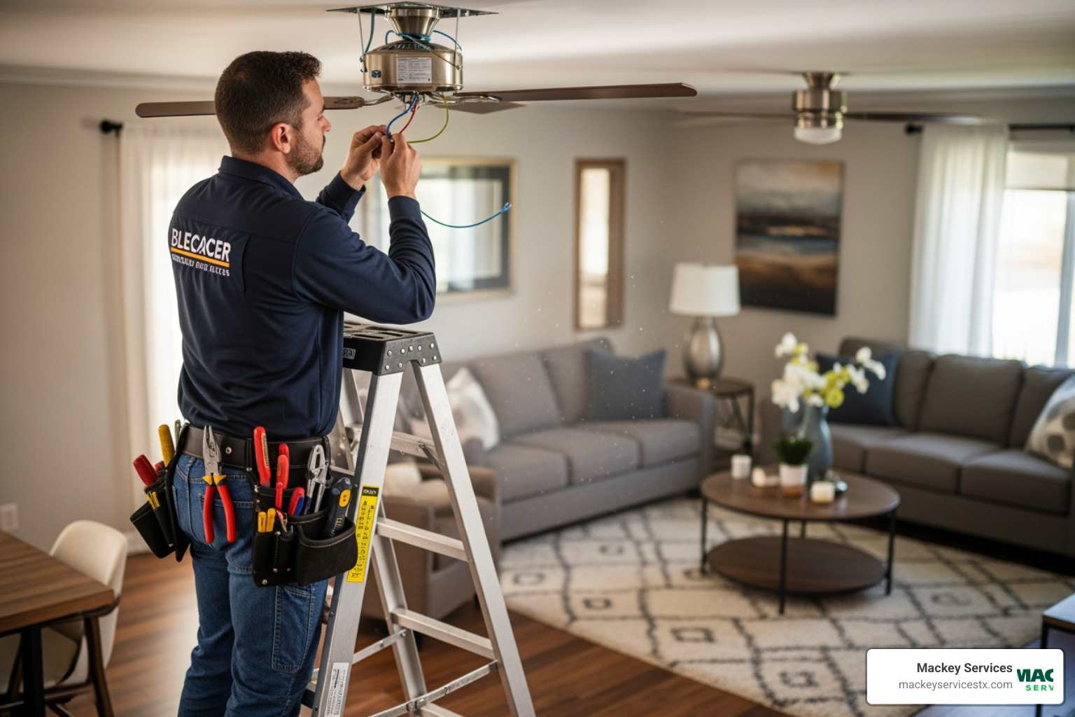 Image of a licensed electrician safely installing a ceiling fan on a ladder - I want to install a new ceiling fan ceiling fan in my living room. Who provides this service in Friendswood?"