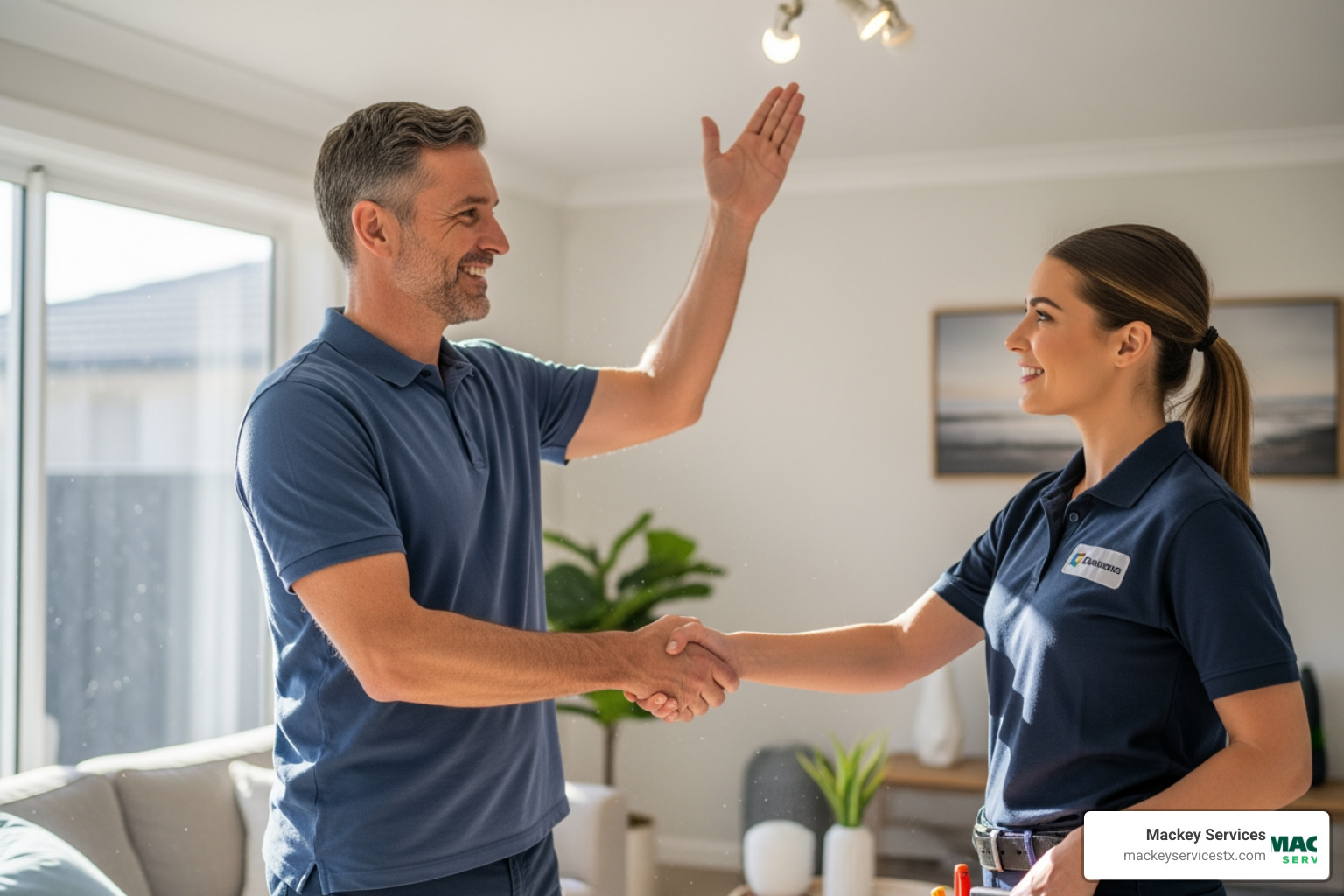homeowner smiling and shaking hands with a professional electrician - "Find companies that install home electric vehicle station setups in the Pearland area."