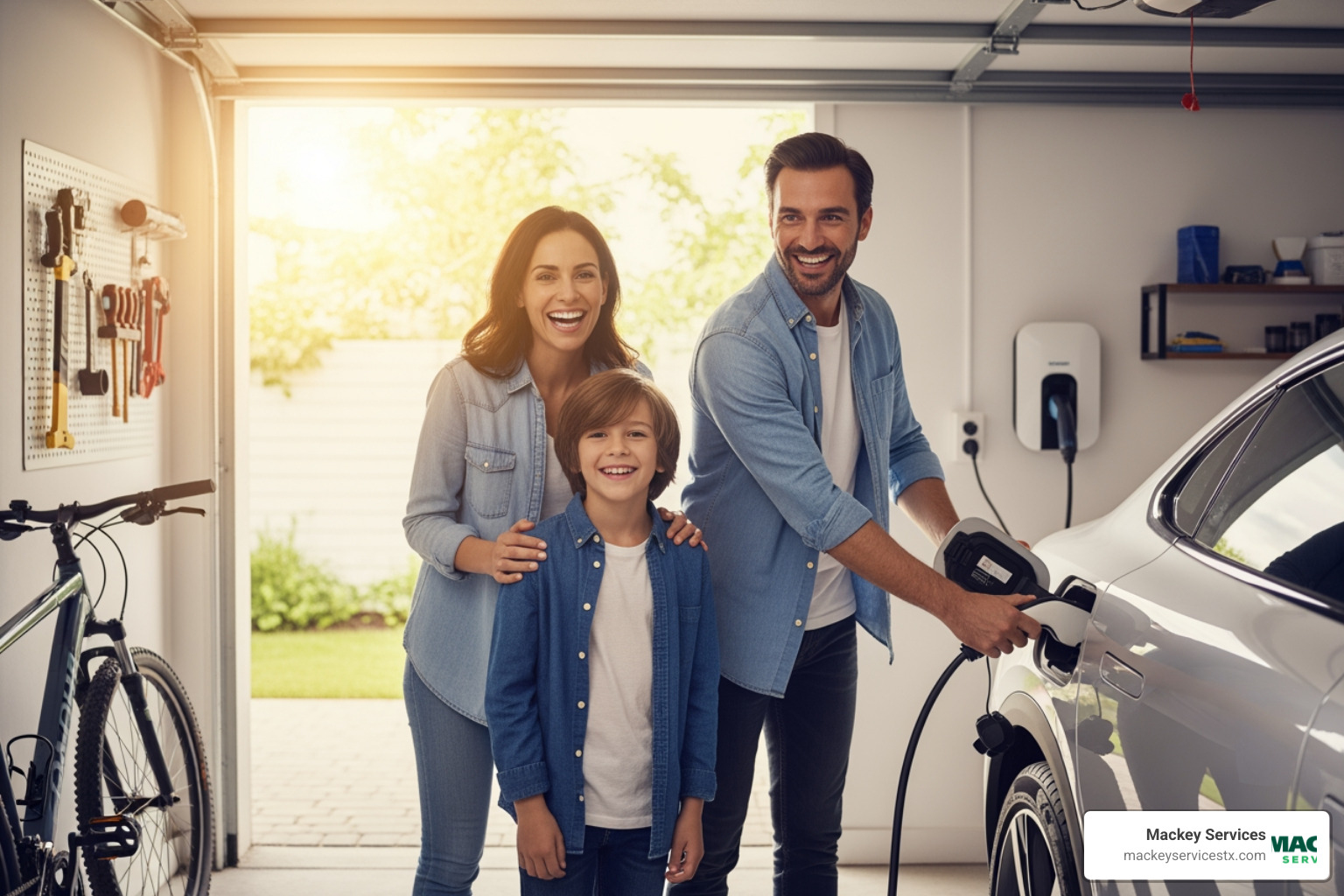 family unplugging their fully charged EV in the morning, ready for the day - "Find companies that install home electric vehicle station setups in the Pearland area."