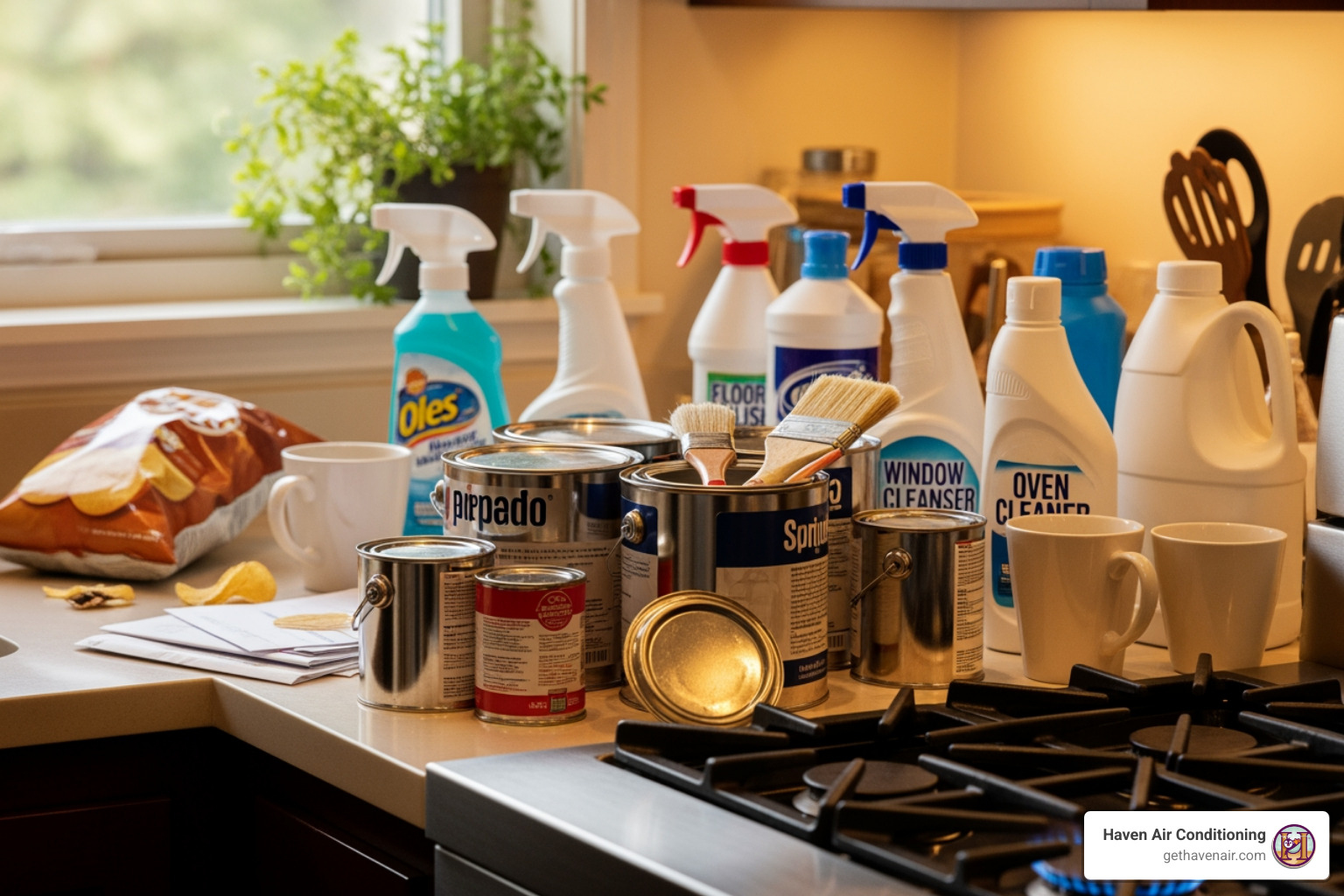 various household items like paint, cleaners, and a gas stove, labeled with the pollutants they emit - most common indoor air pollutants various household items like paint, cleaners, and a gas stove, labeled with the pollutants they emit - most common indoor air pollutants