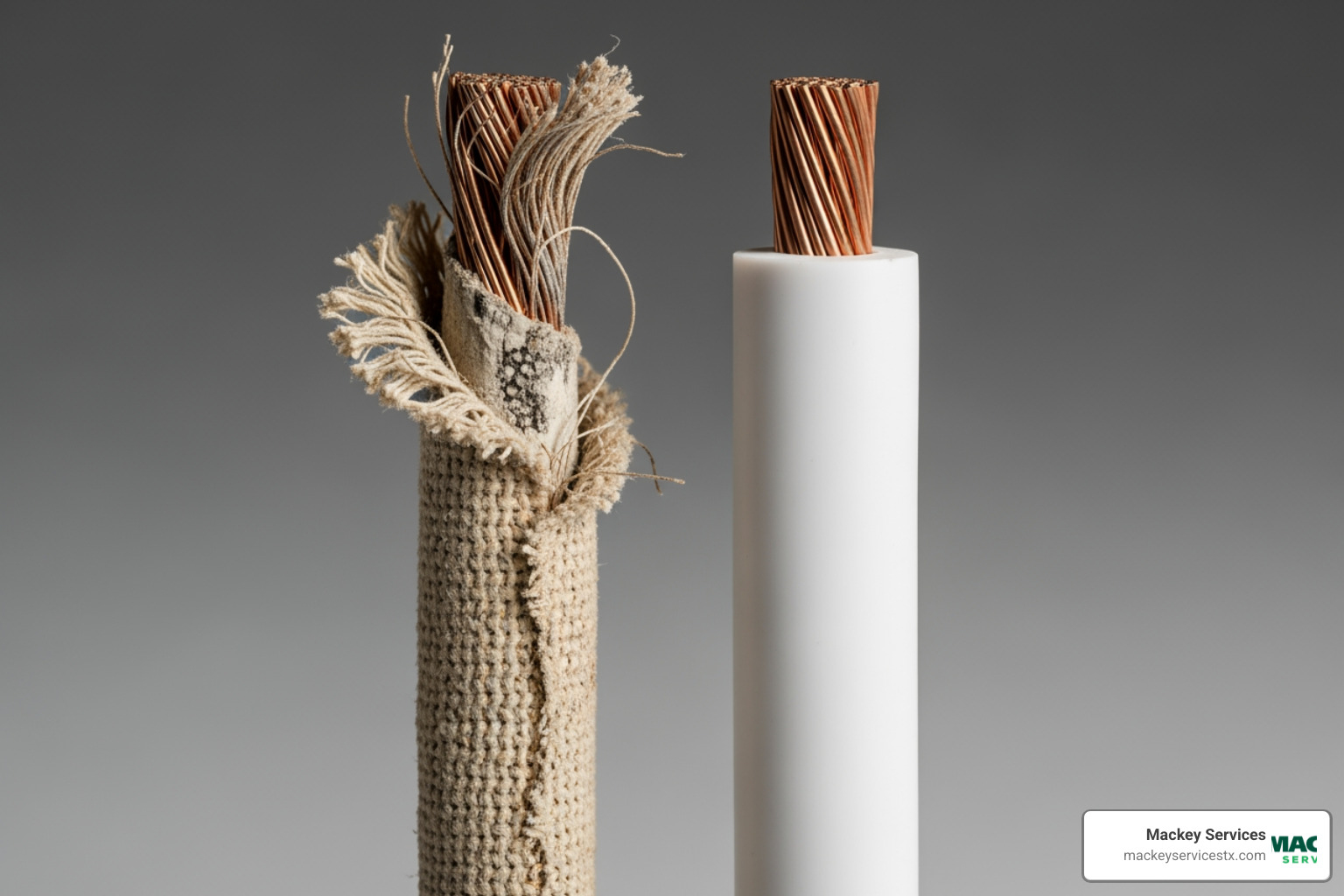 old, frayed electrical wire next to a new one - "I need to find a licensed electrician company near me for some home rewiring in Bellaire."