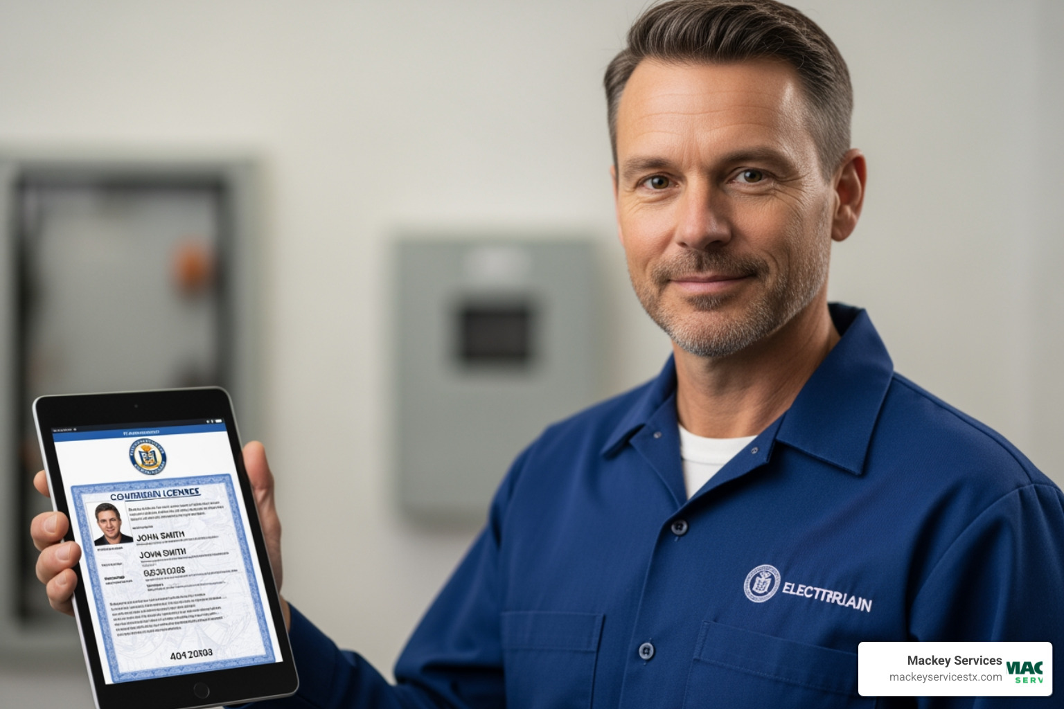 electrician showing their license on a tablet - "I need to find a licensed electrician company near me for some home rewiring in Bellaire."