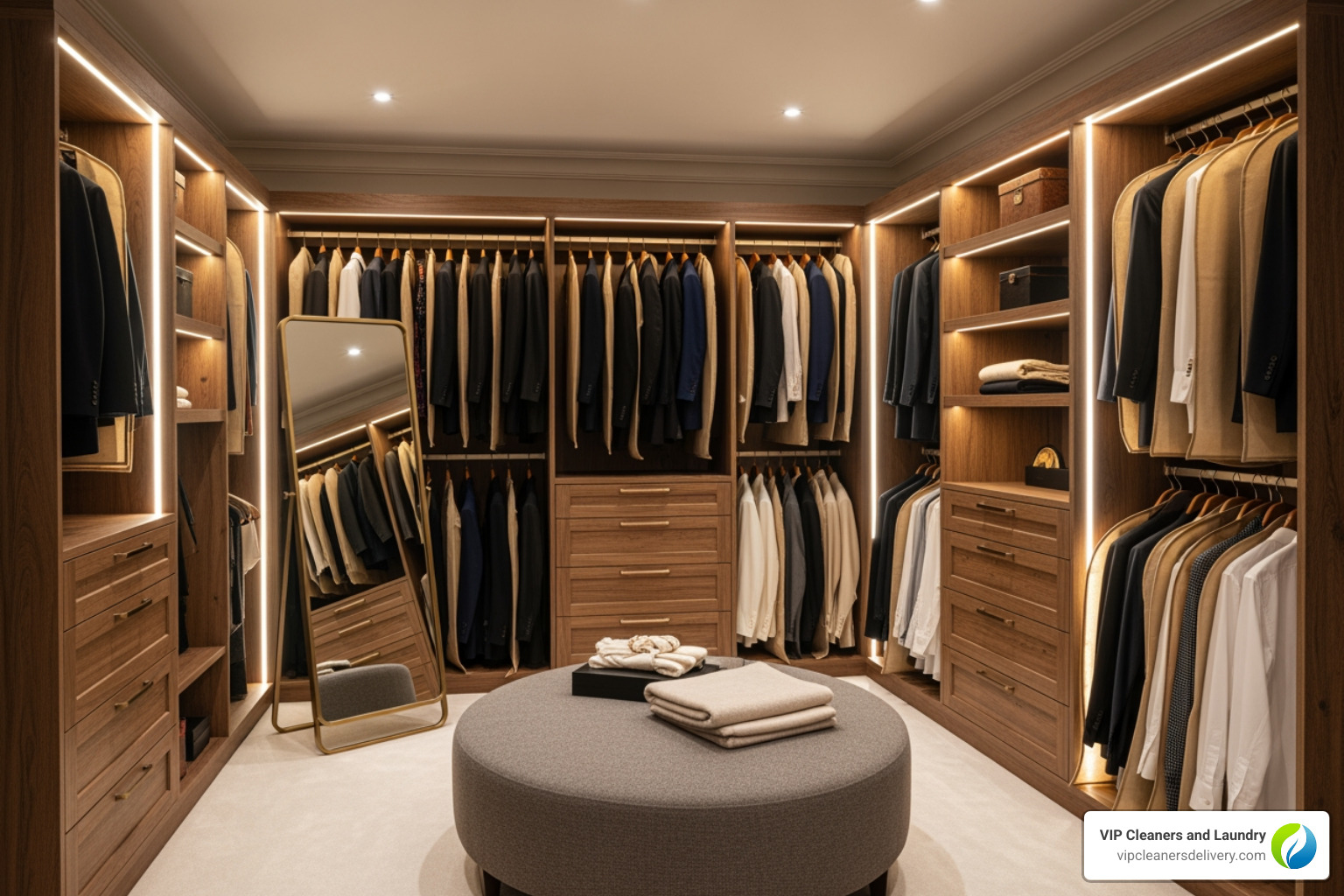 well-organized closet with formal wear stored in breathable garment bags on wooden hangers - formal wear dry cleaning