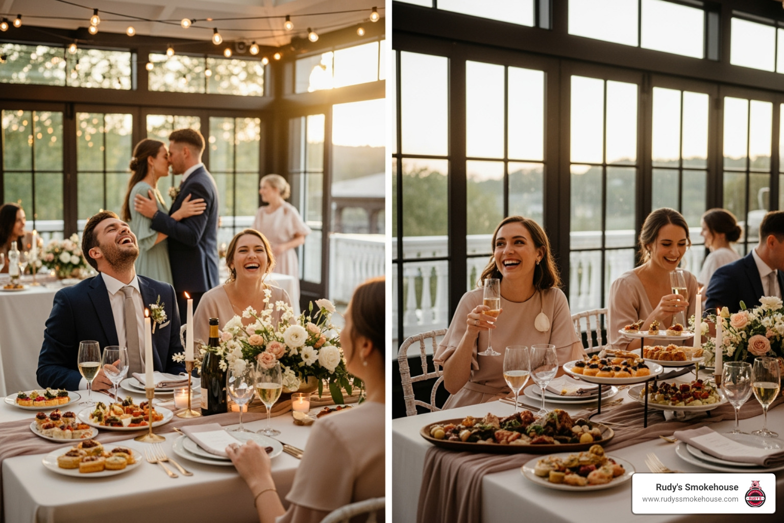 Happy guests enjoying custom catered wedding reception - custom catering Happy guests enjoying custom catered wedding reception - custom catering