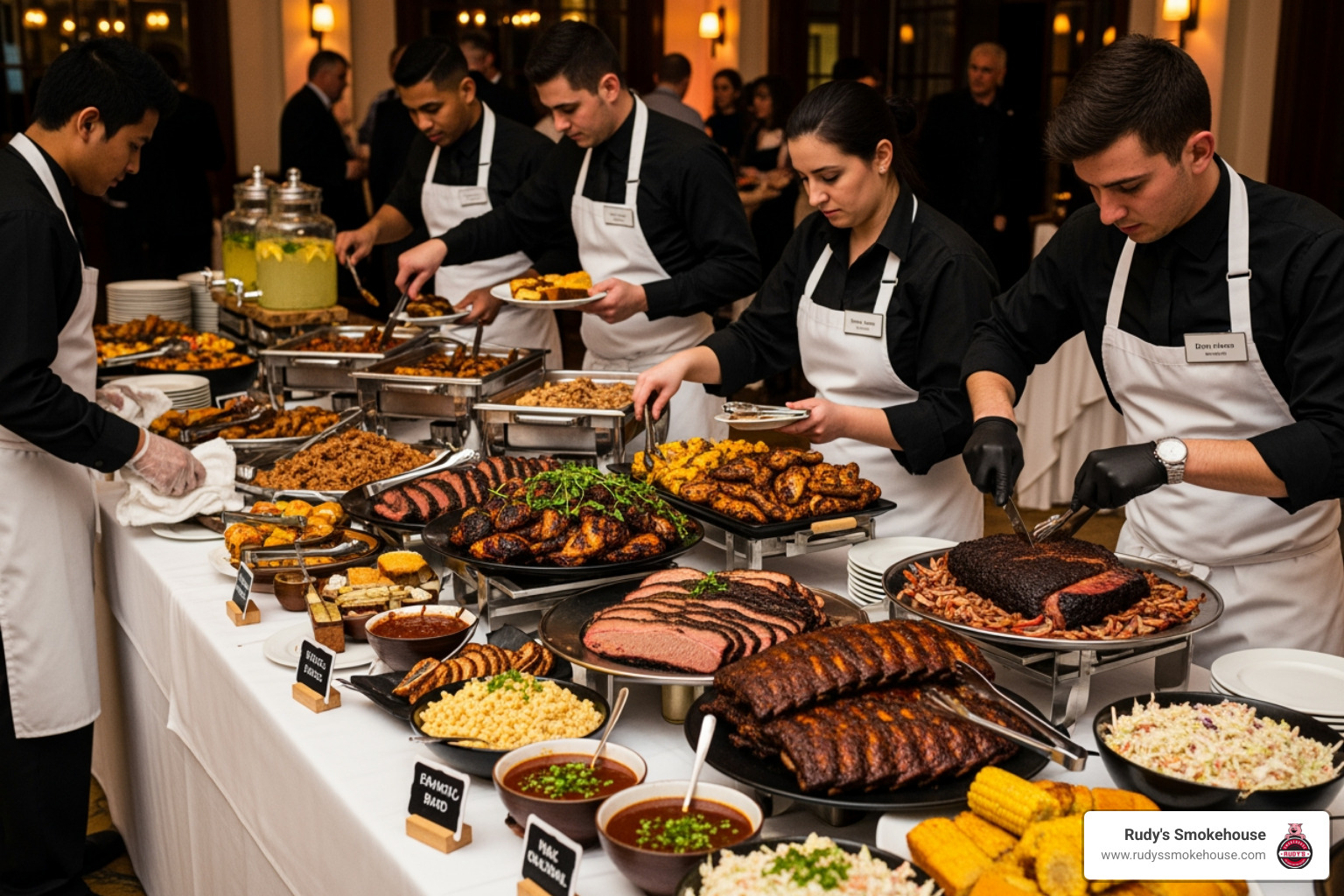 Professional catering staff setting up a buffet line for a Rudy's Smokehouse event - custom catering Professional catering staff setting up a buffet line for a Rudy's Smokehouse event - custom catering