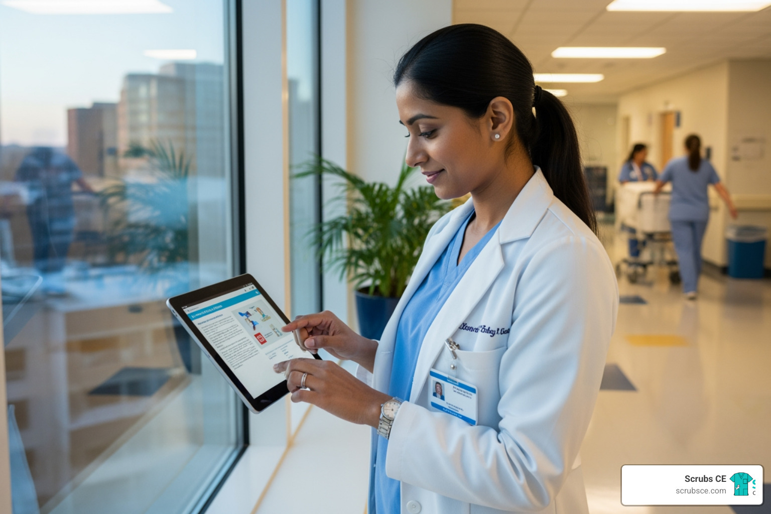 A healthcare professional in scrubs smiles while studying a course on a tablet during a short break in a hospital corridor - Online CEU credits A healthcare professional in scrubs smiles while studying a course on a tablet during a short break in a hospital corridor - Online CEU credits
