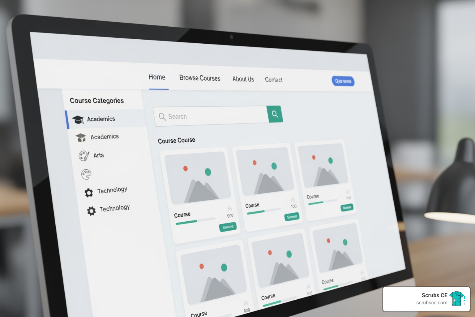 A clean, user-friendly course website interface with clear navigation, course categories, and a search bar - Online CEU credits A clean, user-friendly course website interface with clear navigation, course categories, and a search bar - Online CEU credits