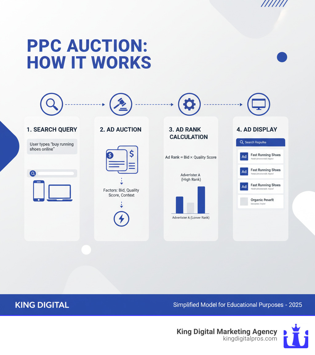 Infographic explaining how the PPC auction model works from search query to ad display - Paid Search Ads Management infographic 