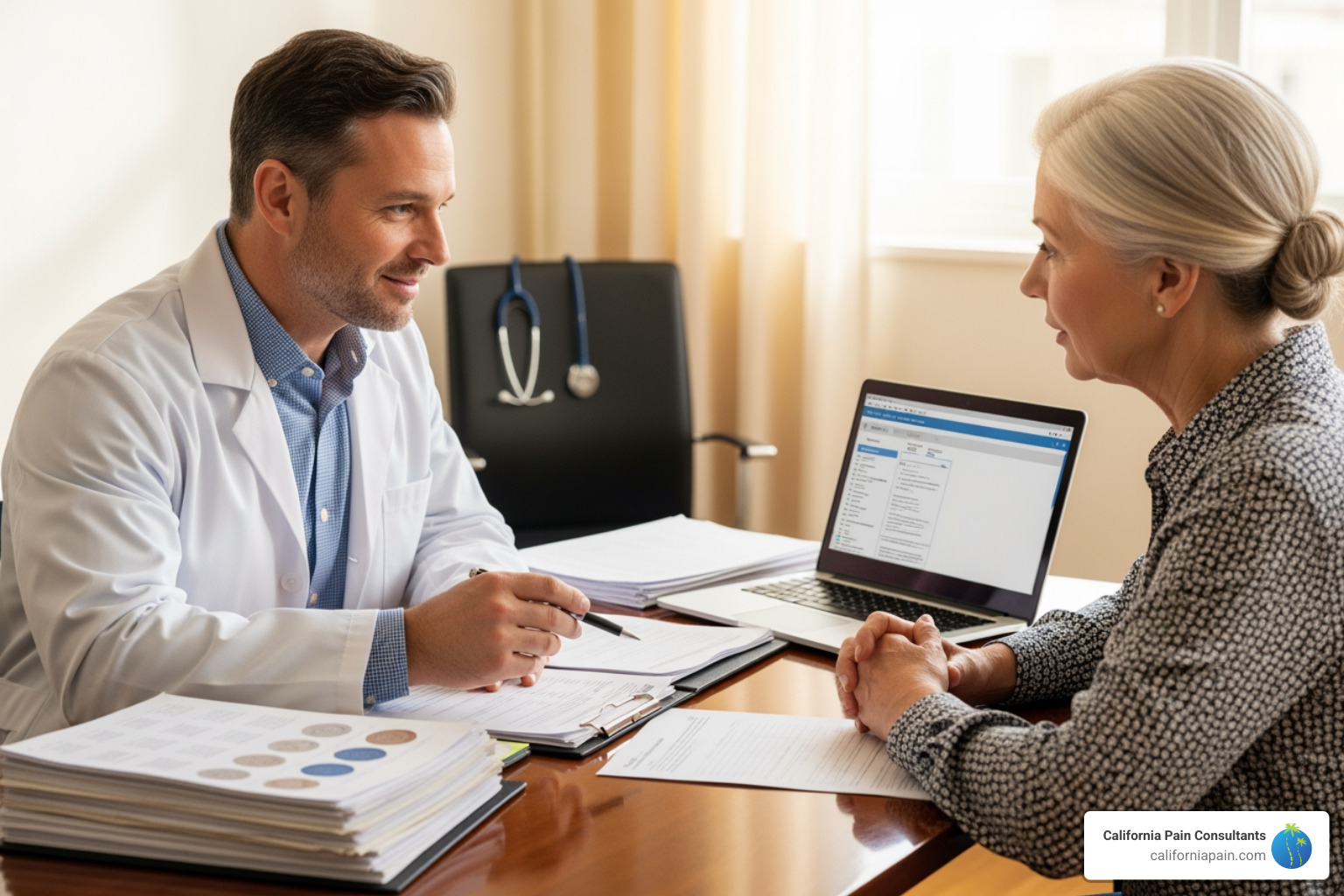 patient speaking with doctor at a desk, reviewing paperwork - what does a pain medicine doctor do