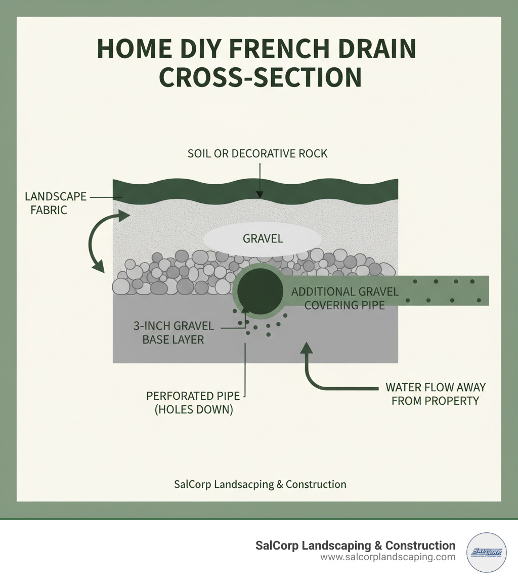 Infographic showing cross-section of a French drain system with labeled components: top layer of soil or decorative rock, landscape fabric wrapped around gravel, 3-inch gravel base layer, perforated pipe with holes facing downward, additional gravel covering pipe, and arrows showing water flow direction into the pipe and away from the property - home made french drain infographic 