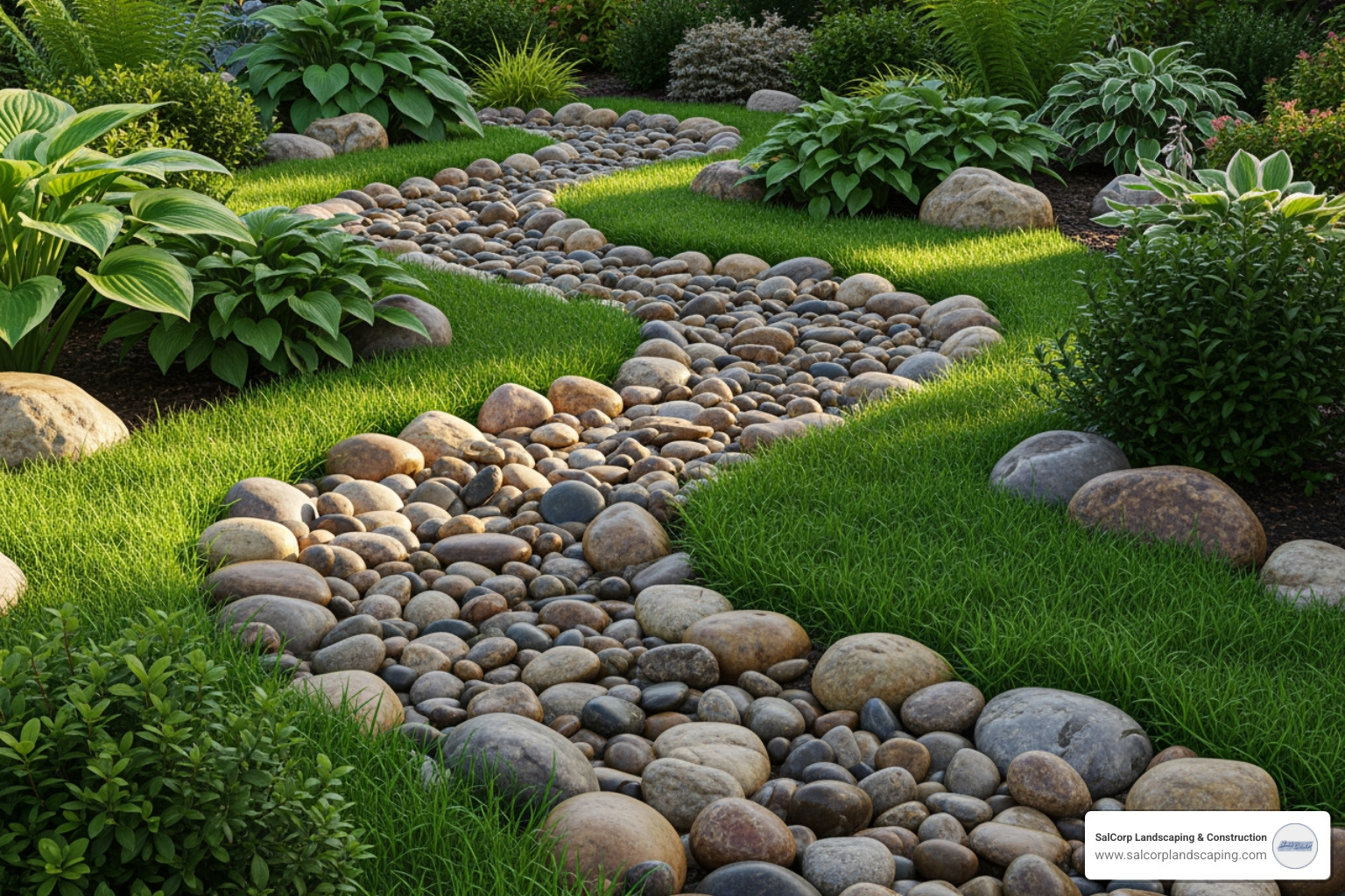 completed French drain with decorative rock backfill - home made french drain