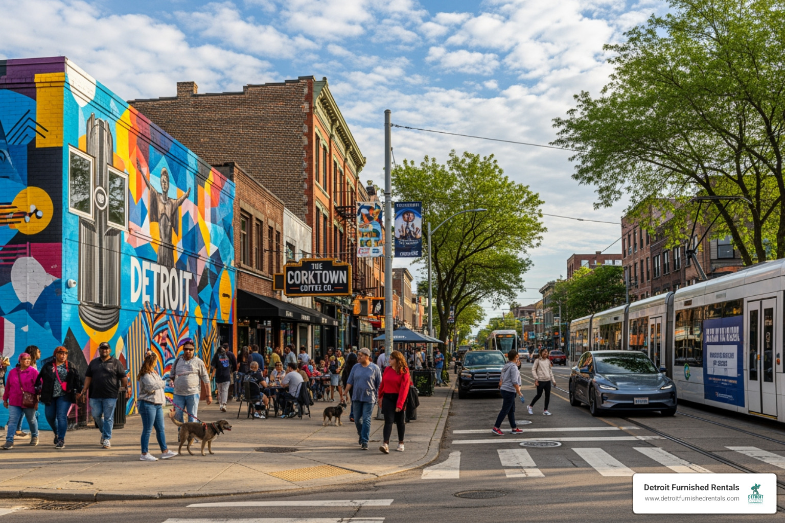 vibrant street scene in a popular Detroit neighborhood like Corktown or Midtown - temporary furnished housing in detroit