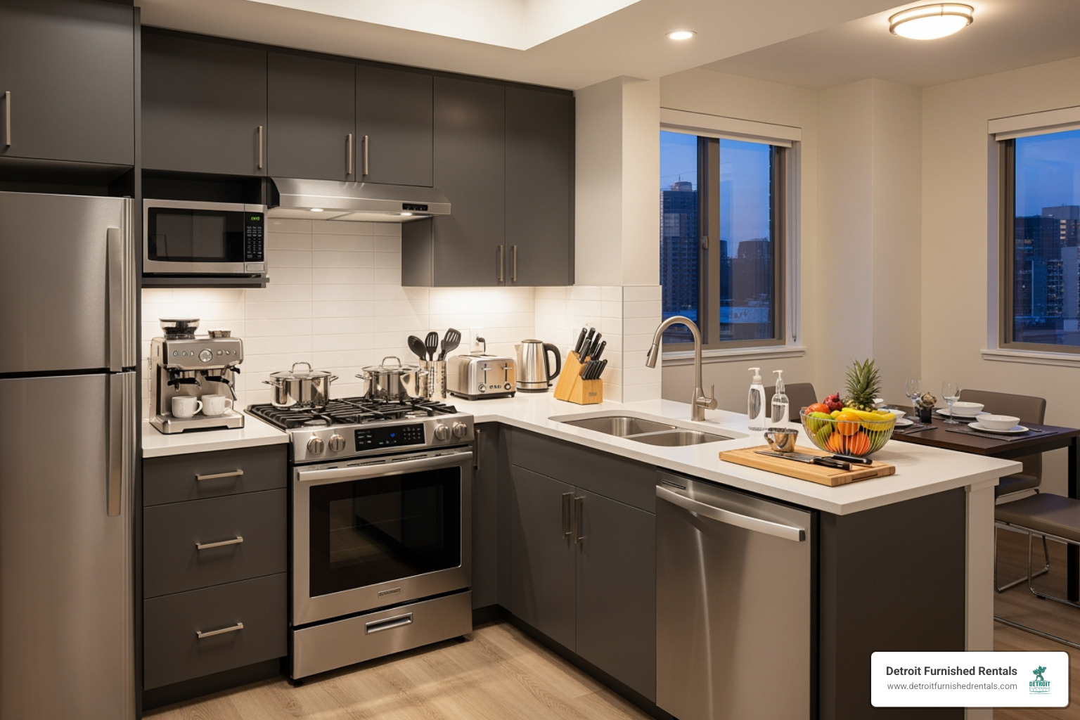 fully equipped, modern kitchen in a furnished rental apartment - temporary furnished housing in detroit