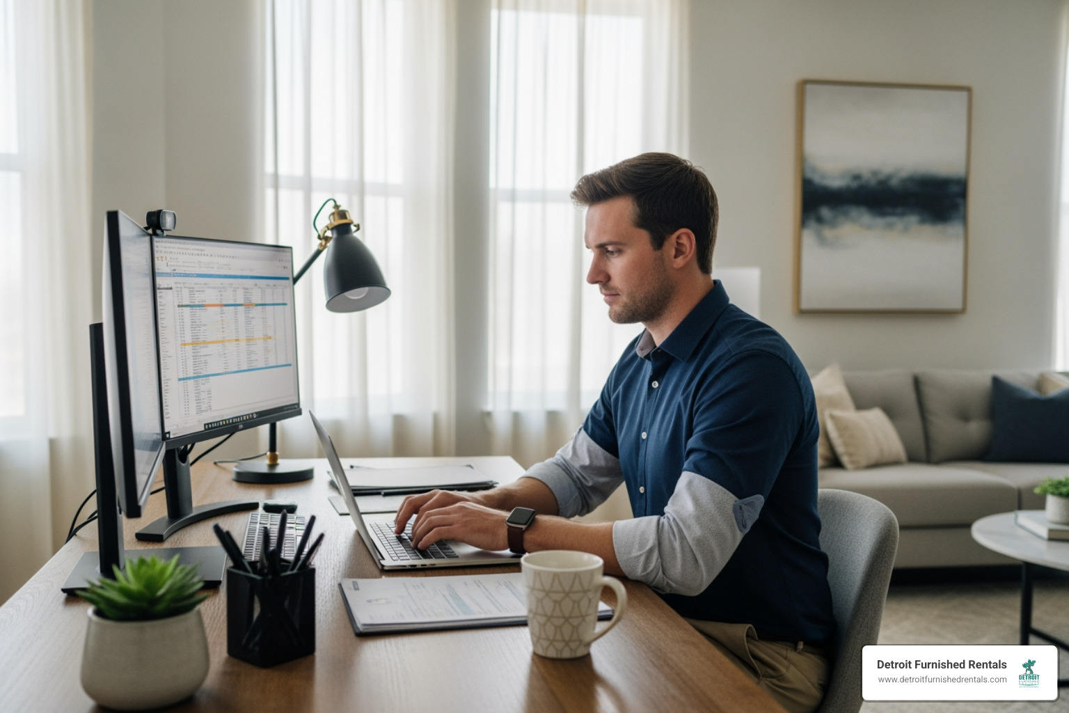 professional working from a dedicated workspace in a furnished apartment - temporary furnished housing in detroit