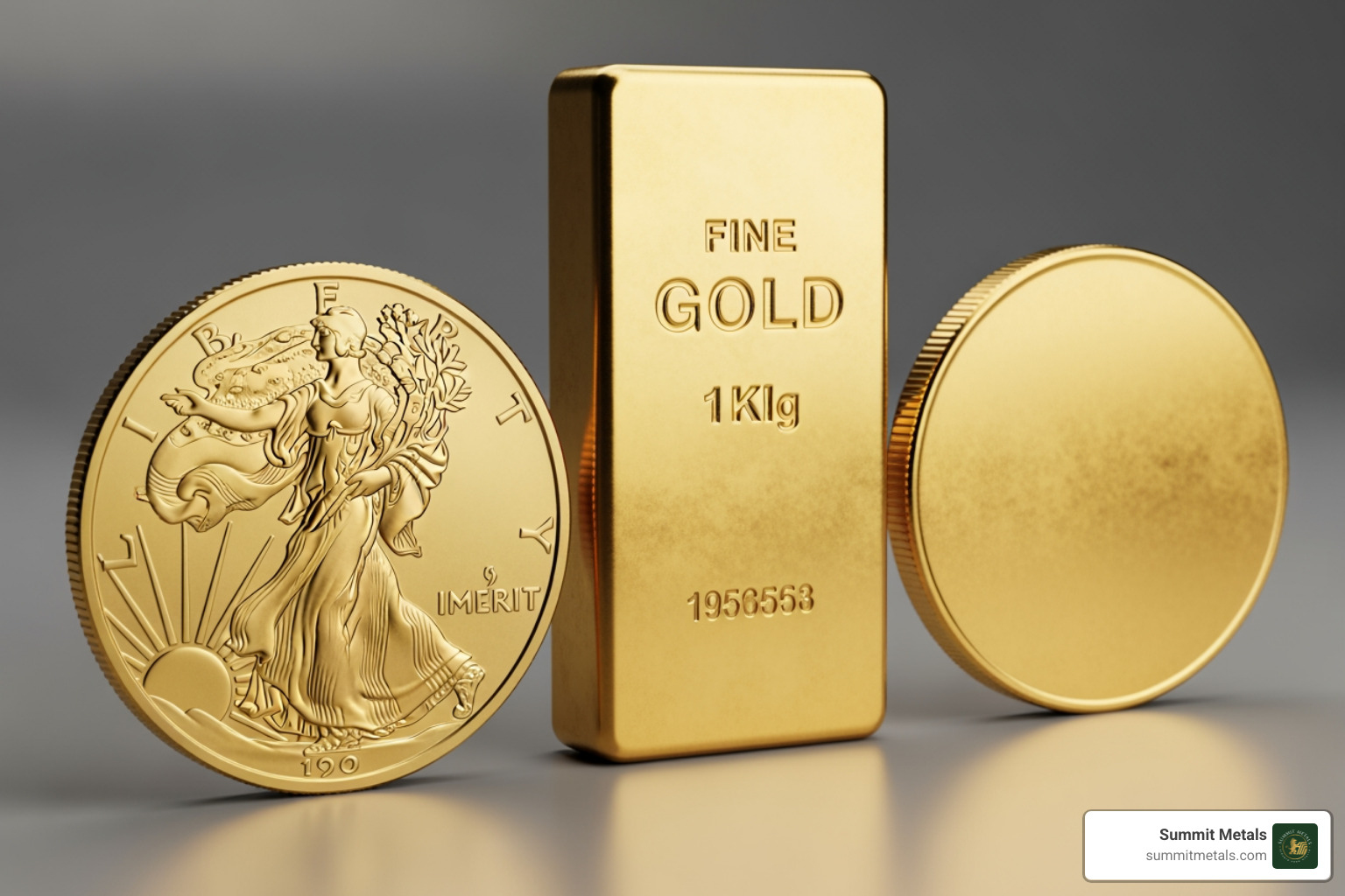 side-by-side of a gold coin, a gold bar, and a gold round - buy gold coins utah