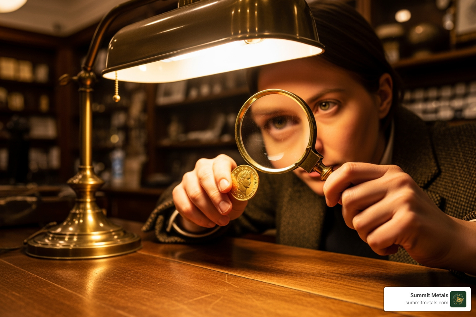 person examining a gold coin at a local shop counter - buy gold coins utah