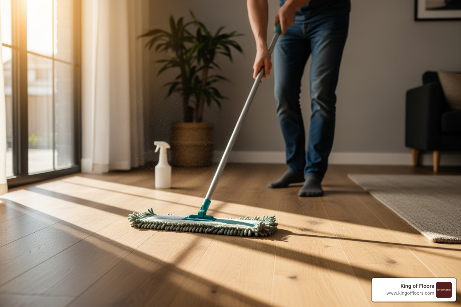 Person cleaning engineered wood flooring with a microfiber mop, demonstrating proper care and maintenance, premium engineered flooring