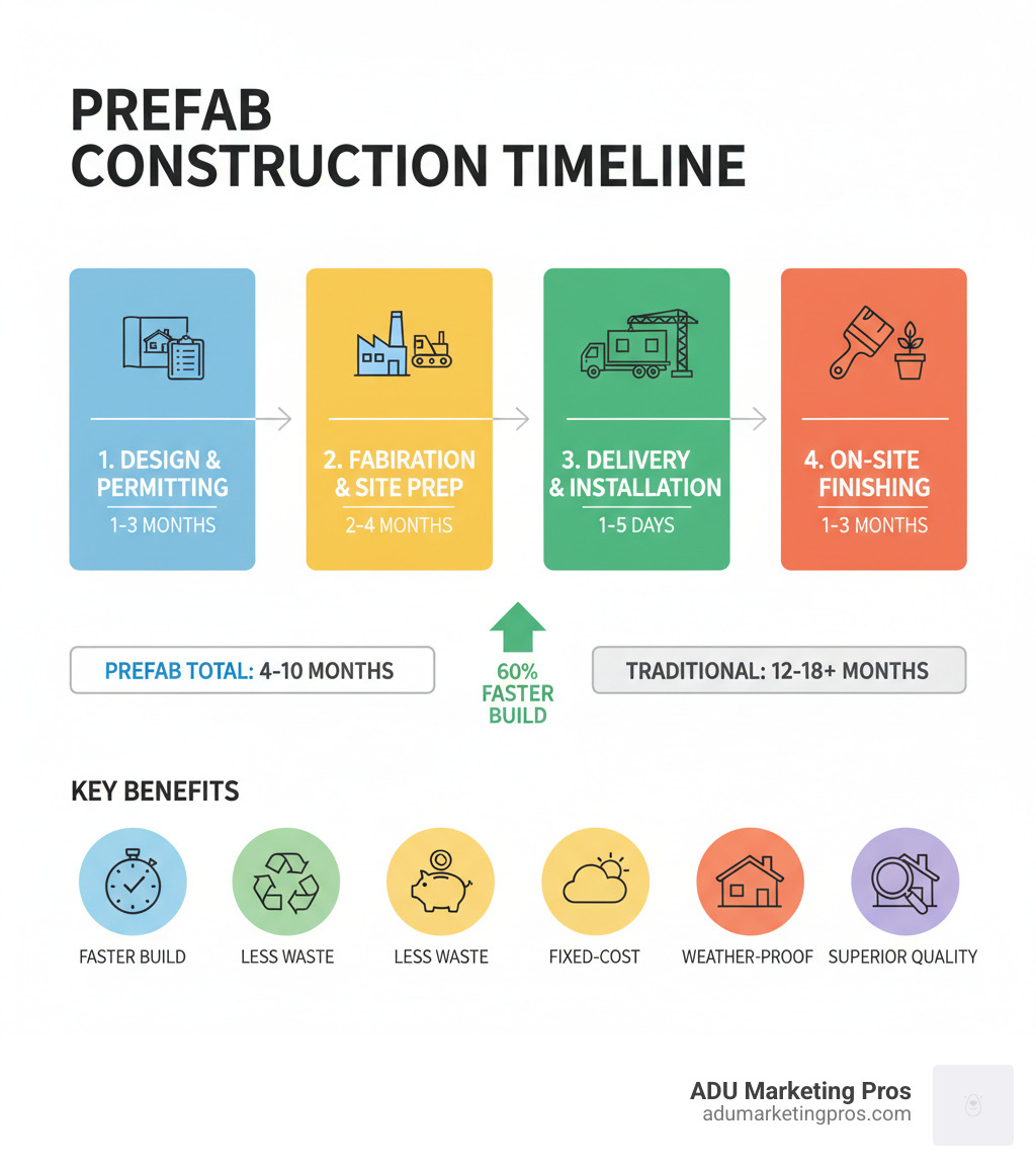 Infographic showing prefab construction timeline: Design & Permitting (1-3 months), Factory Fabrication concurrent with Site Prep (2-4 months), Delivery & Installation (1-5 days), On-Site Finishing (1-3 months). Total: 4-10 months vs. 12-18+ months for traditional construction. Benefits highlighted: 60% faster build time, reduced material waste, fixed-cost pricing, weather-independent construction, superior quality control. - Prefab home builders infographic Infographic showing prefab construction timeline: Design & Permitting (1-3 months), Factory Fabrication concurrent with Site Prep (2-4 months), Delivery & Installation (1-5 days), On-Site Finishing (1-3 months). Total: 4-10 months vs. 12-18+ months for traditional construction. Benefits highlighted: 60% faster build time, reduced material waste, fixed-cost pricing, weather-independent construction, superior quality control. - Prefab home builders infographic