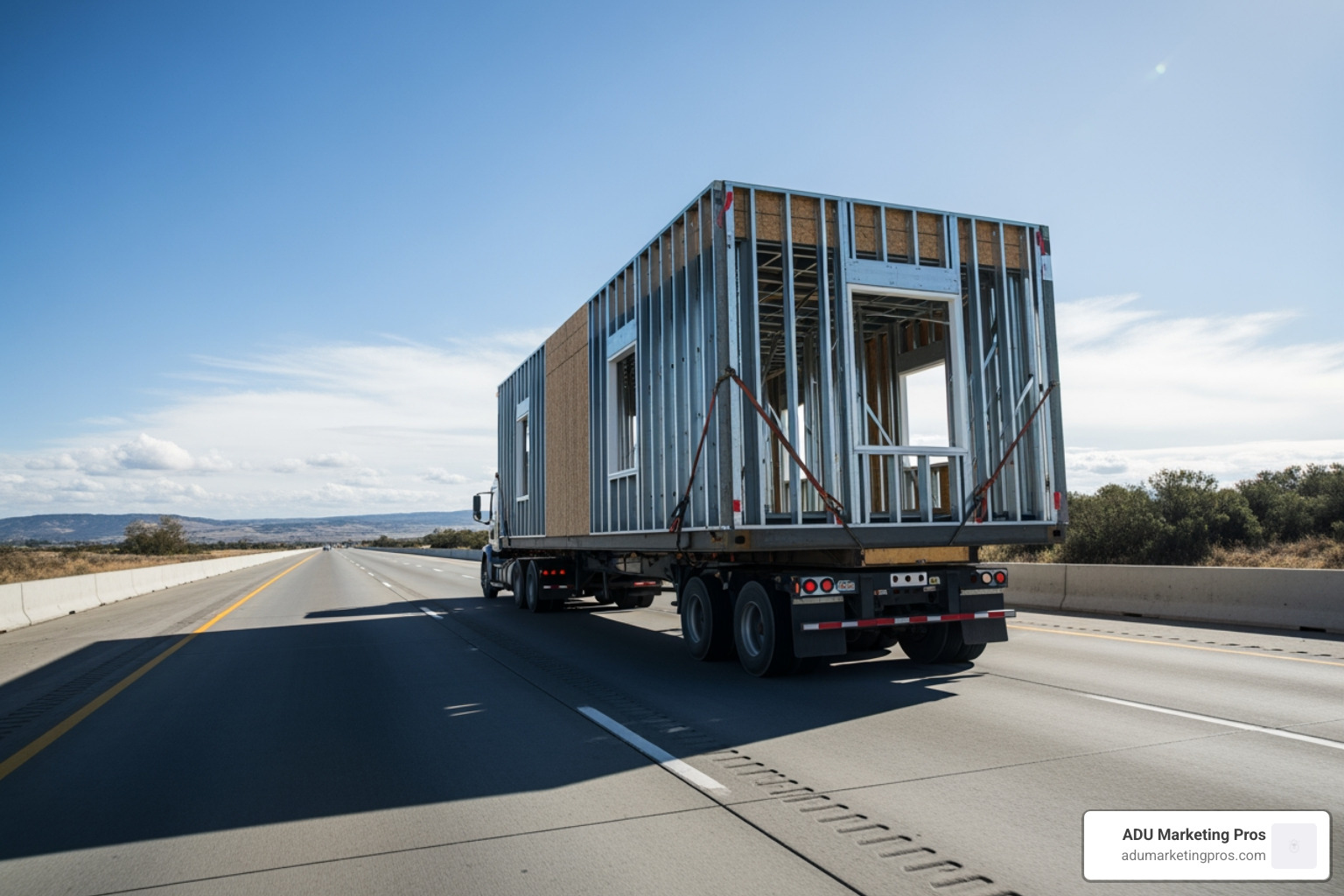 A prefab module being transported on a truck down a highway, symbolizing efficiency and progress. - Prefab home builders A prefab module being transported on a truck down a highway, symbolizing efficiency and progress. - Prefab home builders