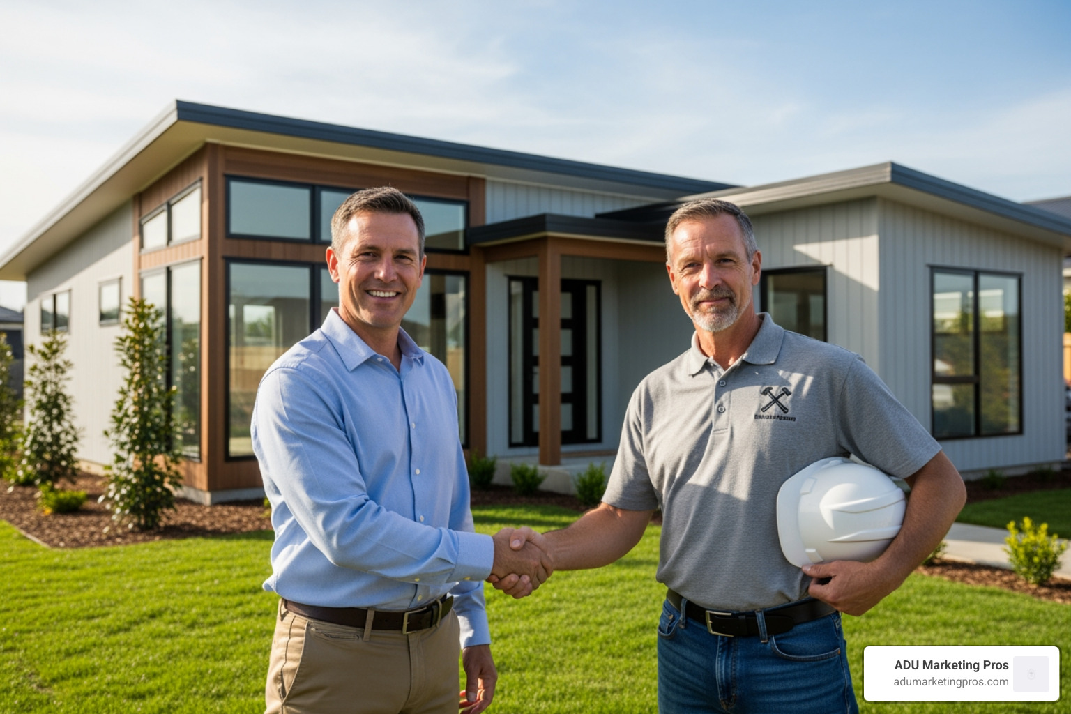 A homeowner shaking hands with a builder in front of their new prefab home, symbolizing trust and partnership. - Prefab home builders A homeowner shaking hands with a builder in front of their new prefab home, symbolizing trust and partnership. - Prefab home builders