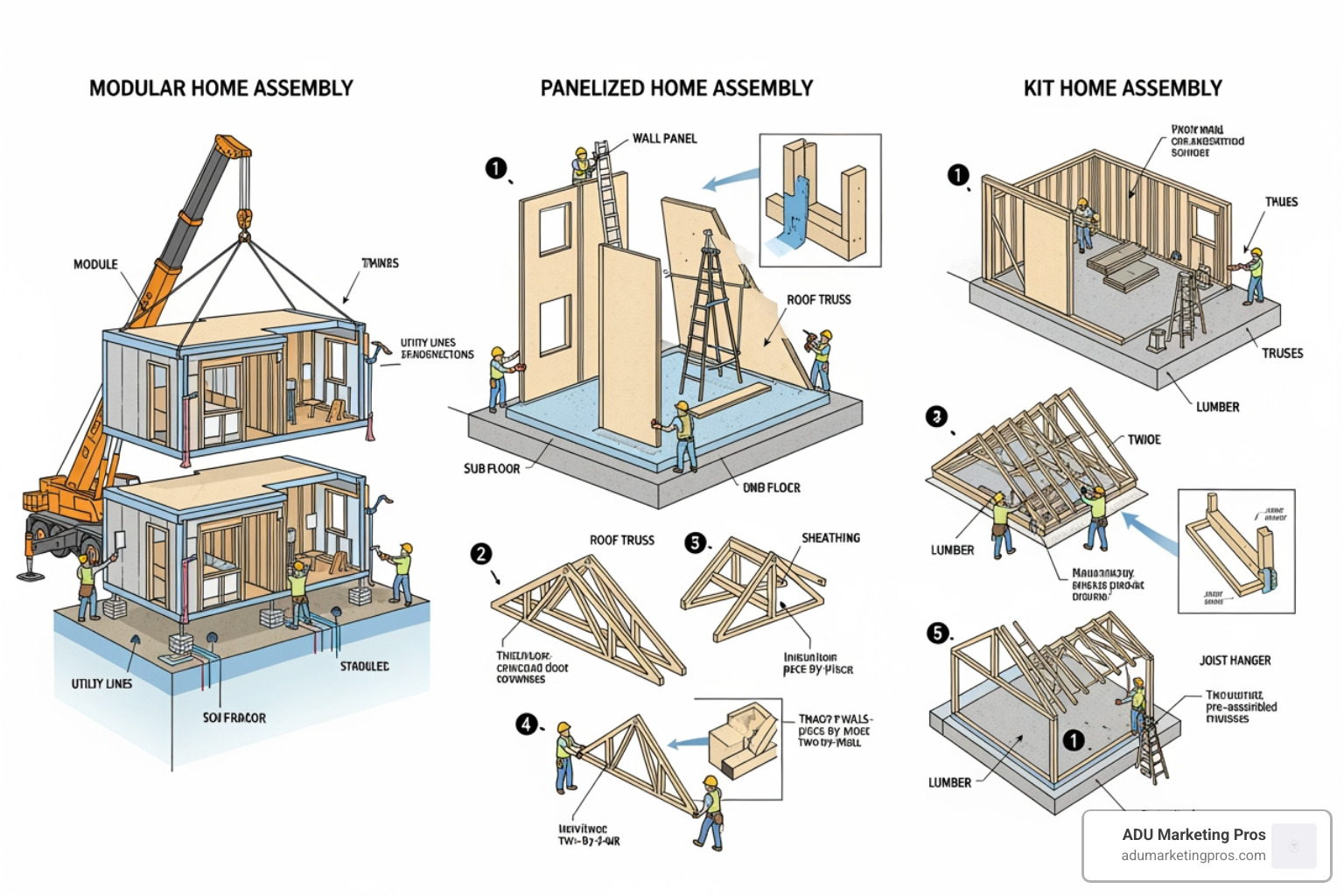 Diagram illustrating the differences between modular, panelized, and kit home construction, focusing on the prefab spectrum and construction methods. - Prefab home builders Diagram illustrating the differences between modular, panelized, and kit home construction, focusing on the prefab spectrum and construction methods. - Prefab home builders