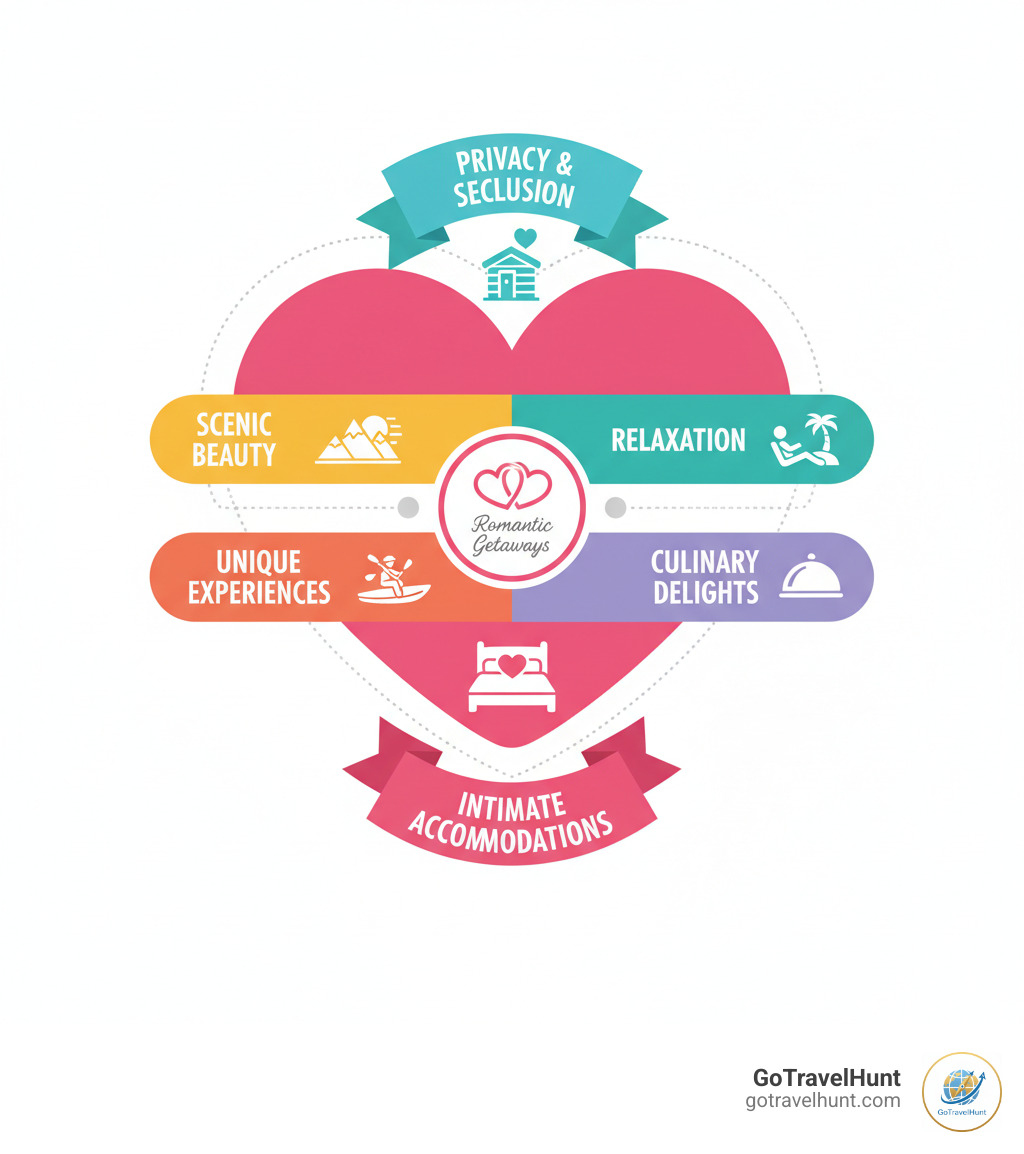 Infographic showing five essential elements of romantic getaways: a heart-shaped diagram with Privacy and Seclusion at the top, Scenic Beauty and Unique Experiences on the sides, Relaxation and Culinary Delights at the bottom, with icons representing couples activities, spa treatments, gourmet dining, adventure sports, and intimate accommodations - romantic getaways Romantic Getaways for Couples couples getaway romantic vacations for couples romantic trips for couples romantic couple getaways great getaways for couples vacations for couples infographic Infographic showing five essential elements of romantic getaways: a heart-shaped diagram with Privacy and Seclusion at the top, Scenic Beauty and Unique Experiences on the sides, Relaxation and Culinary Delights at the bottom, with icons representing couples activities, spa treatments, gourmet dining, adventure sports, and intimate accommodations - romantic getaways Romantic Getaways for Couples couples getaway romantic vacations for couples romantic trips for couples romantic couple getaways great getaways for couples vacations for couples infographic