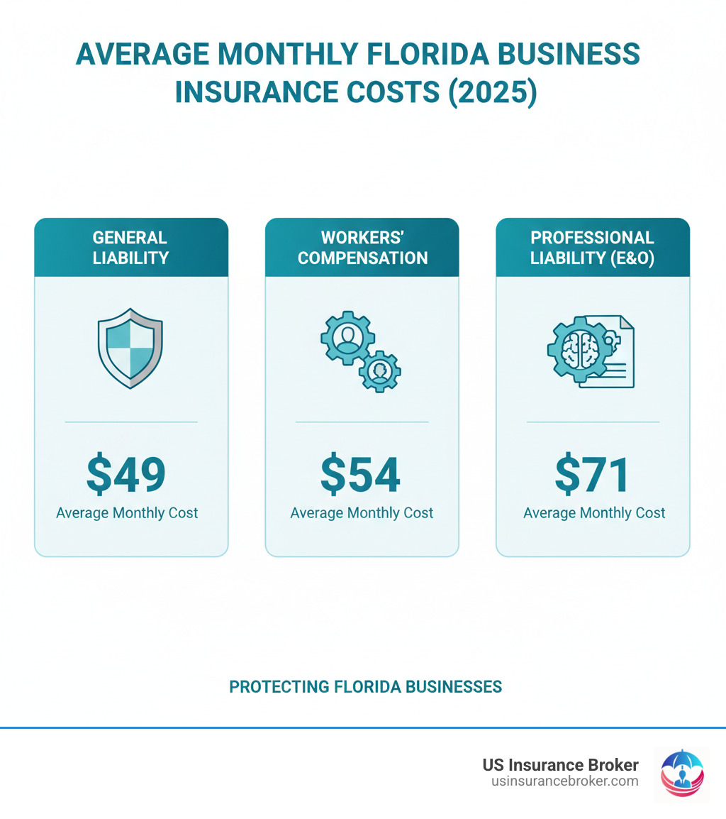Average monthly costs for General Liability, Workers' Compensation, and Professional Liability in Florida - Florida business insurance infographic Average monthly costs for General Liability, Workers' Compensation, and Professional Liability in Florida - Florida business insurance infographic