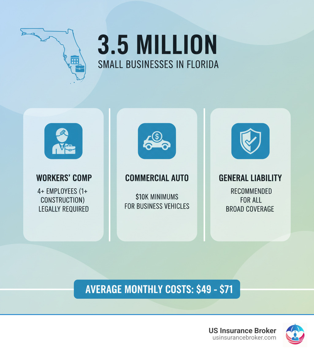 Infographic showing Florida has 3.5 million small businesses, top 3 required policies are Workers' Compensation for 4+ employees, Commercial Auto for business vehicles with $10k minimums, and General Liability recommended for all businesses, with average costs ranging from $49-$71 per month - Florida business insurance infographic Infographic showing Florida has 3.5 million small businesses, top 3 required policies are Workers' Compensation for 4+ employees, Commercial Auto for business vehicles with $10k minimums, and General Liability recommended for all businesses, with average costs ranging from $49-$71 per month - Florida business insurance infographic