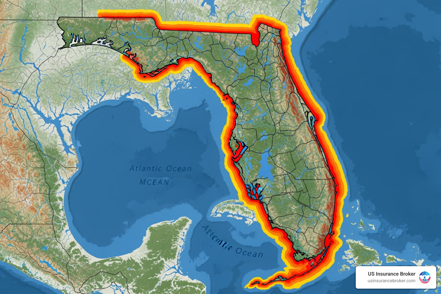 map of Florida highlighting the higher-risk coastal hurricane zones - Florida business insurance map of Florida highlighting the higher-risk coastal hurricane zones - Florida business insurance