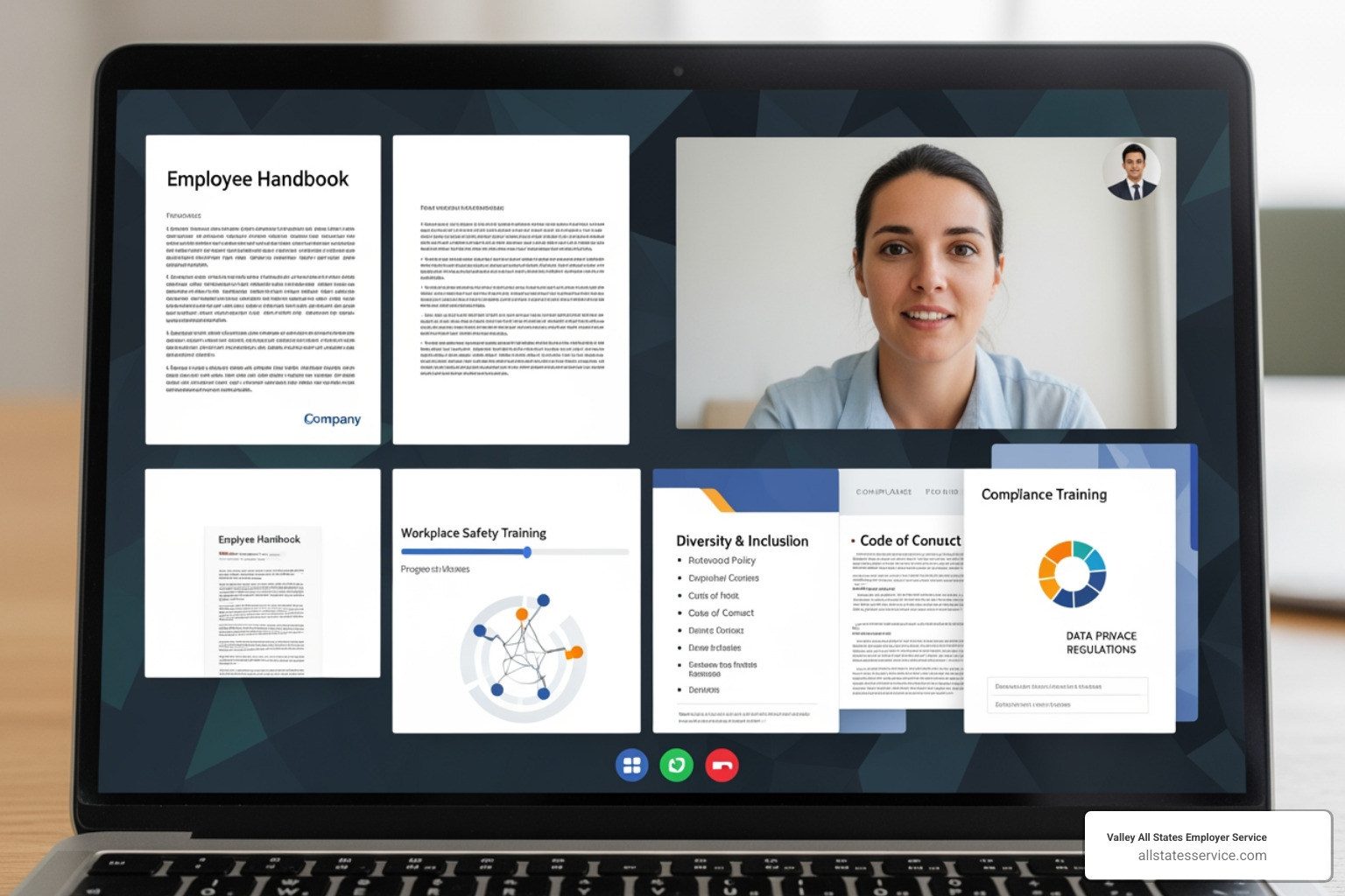 Image of a person on a video call for a virtual orientation, with digital documents and compliance training modules visible on screen - Onboarding compliance checklist