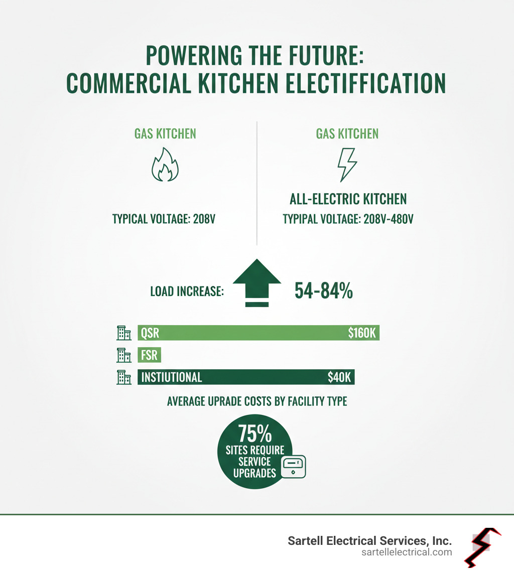 Infographic showing the electrical load comparison between gas and all-electric commercial kitchens, including average voltage requirements (208V-480V), typical connected load increases (54-84%), average upgrade costs by facility type (QSR $123k, FSR $160k, Institutional $40k), and the percentage of sites requiring service upgrades (75%) - Commercial kitchen electrical infographic 