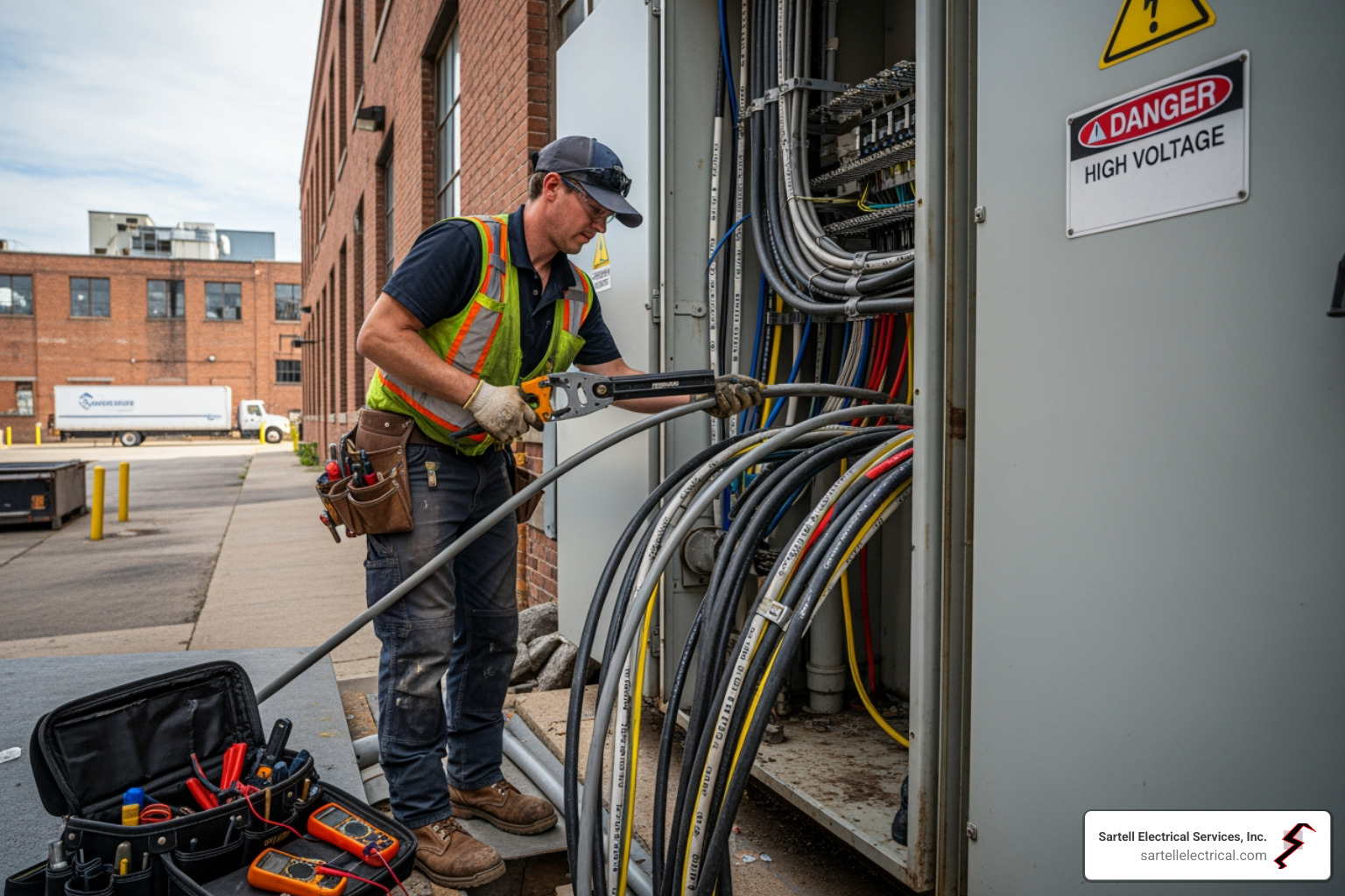 Electrician upgrading a large commercial service entrance - Commercial kitchen electrical Electrician upgrading a large commercial service entrance - Commercial kitchen electrical