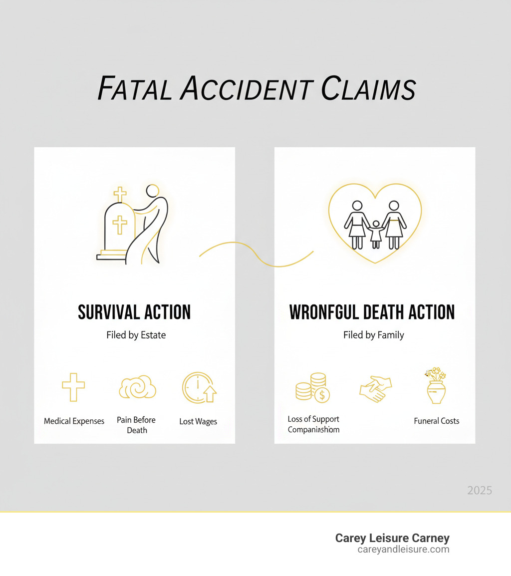 Infographic showing two main claim types: Survival Action filed by Estate for deceased's losses (medical expenses, pain before death, lost wages) versus Wrongful Death Action filed by Family for survivors' losses (loss of support, loss of companionship, funeral costs) - fatal accident claims infographic 