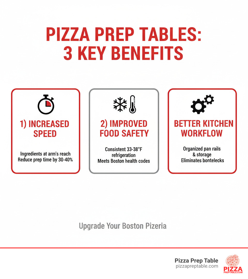 Infographic showing three key benefits of commercial pizza prep tables: 1) Increased Speed - ingredients at arm's reach reduce prep time by 30-40%, 2) Improved Food Safety - consistent 33-38°F refrigeration meets Boston health codes, 3) Better Kitchen Workflow - organized pan rails and undercounter storage eliminate bottlenecks during rush hours - pizza prep table Boston infographic 