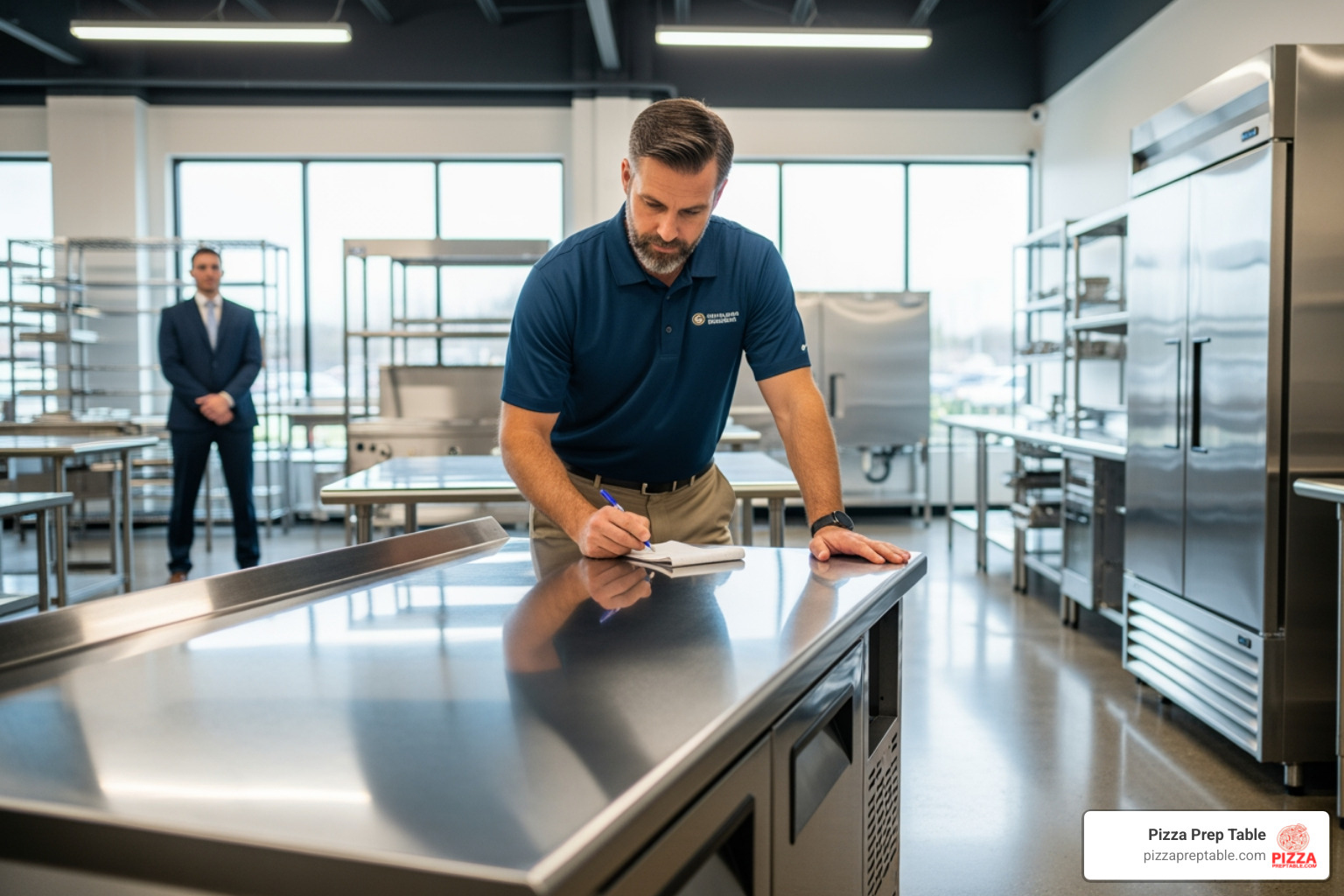 a restaurant owner inspecting a stainless steel prep table in a showroom - pizza prep table Boston