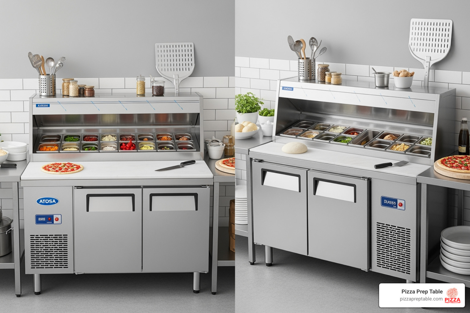 side-by-side comparison of Atosa and Dukers pizza prep tables - pizza prep table Boston